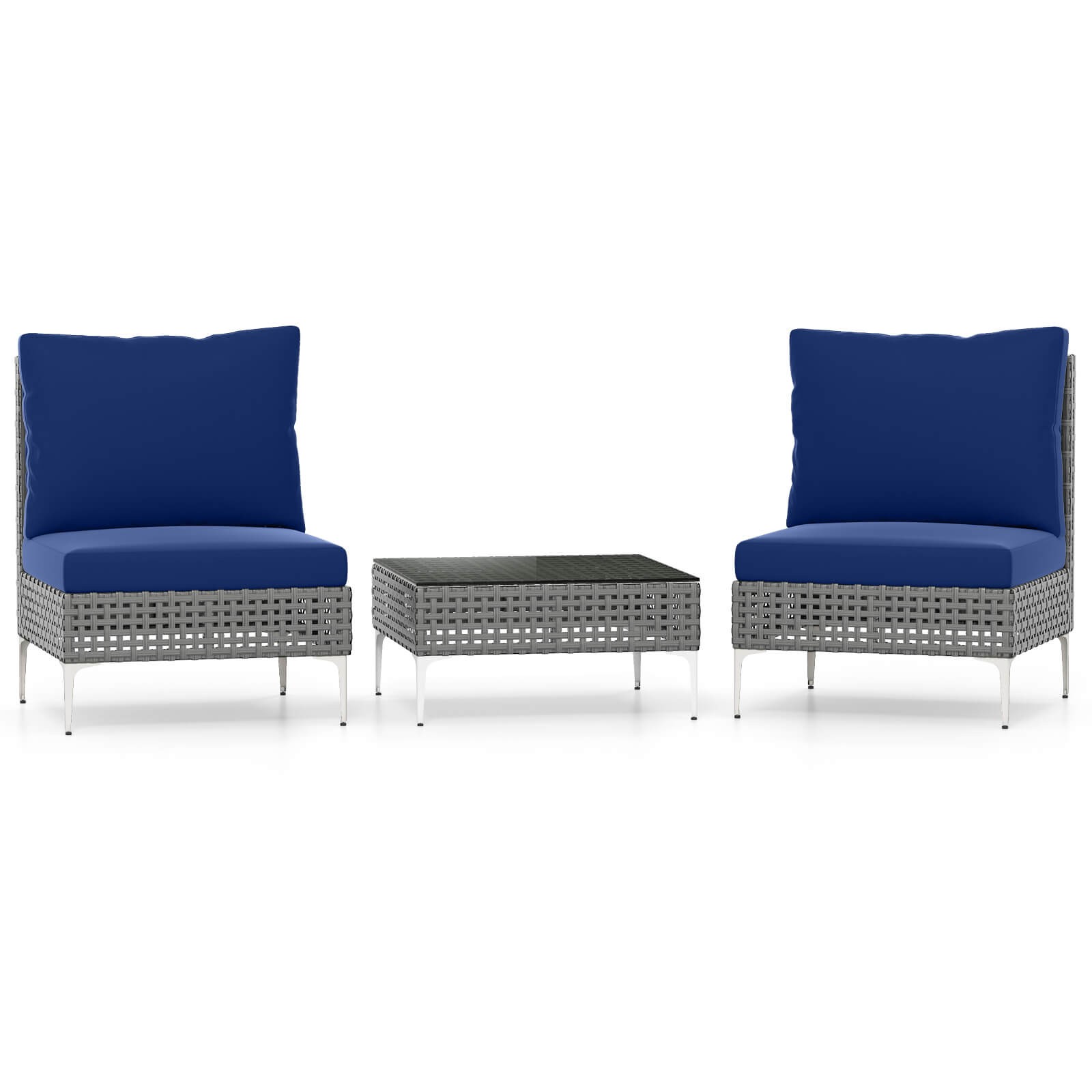 3 PCS Patio Furniture Set with Tempered Glass Coffee Table Soft Back & Seat