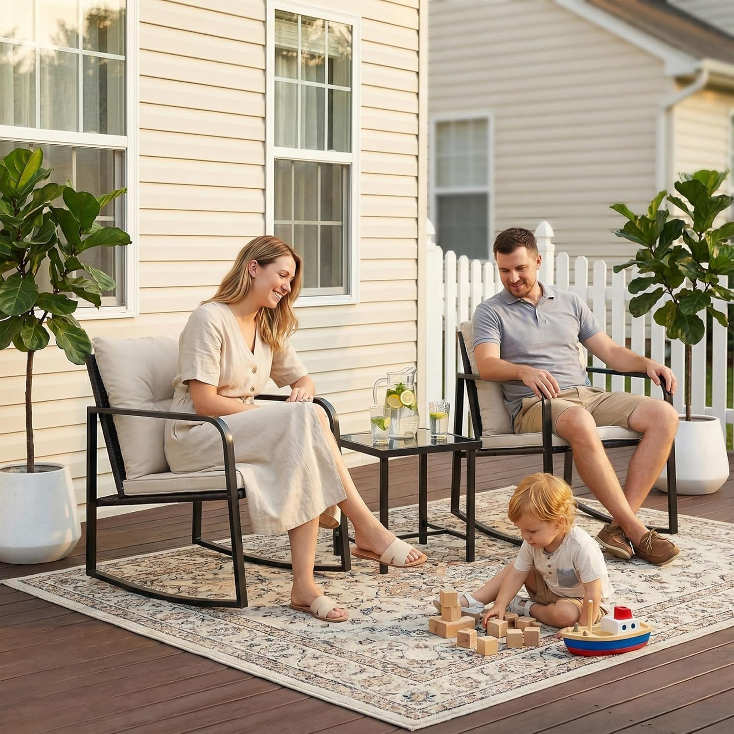 Flamaker Patio Chairs 3 Piece Wicker Rocking Chair Outdoor Bistro Sets with Coff