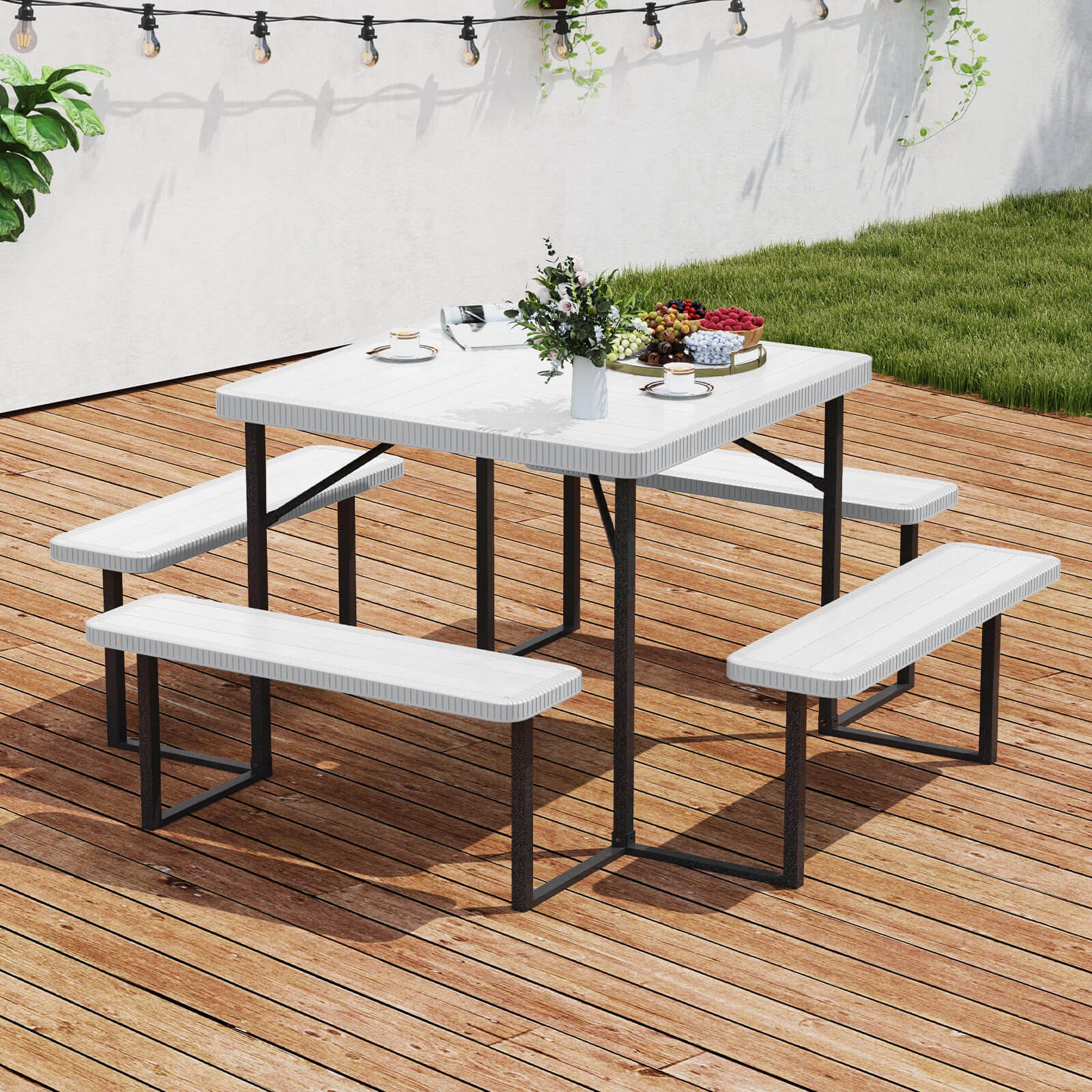 Picnic Table Bench Set for 4-8 People w/ Umbrella Hole All-Weather HDPE Tabletop