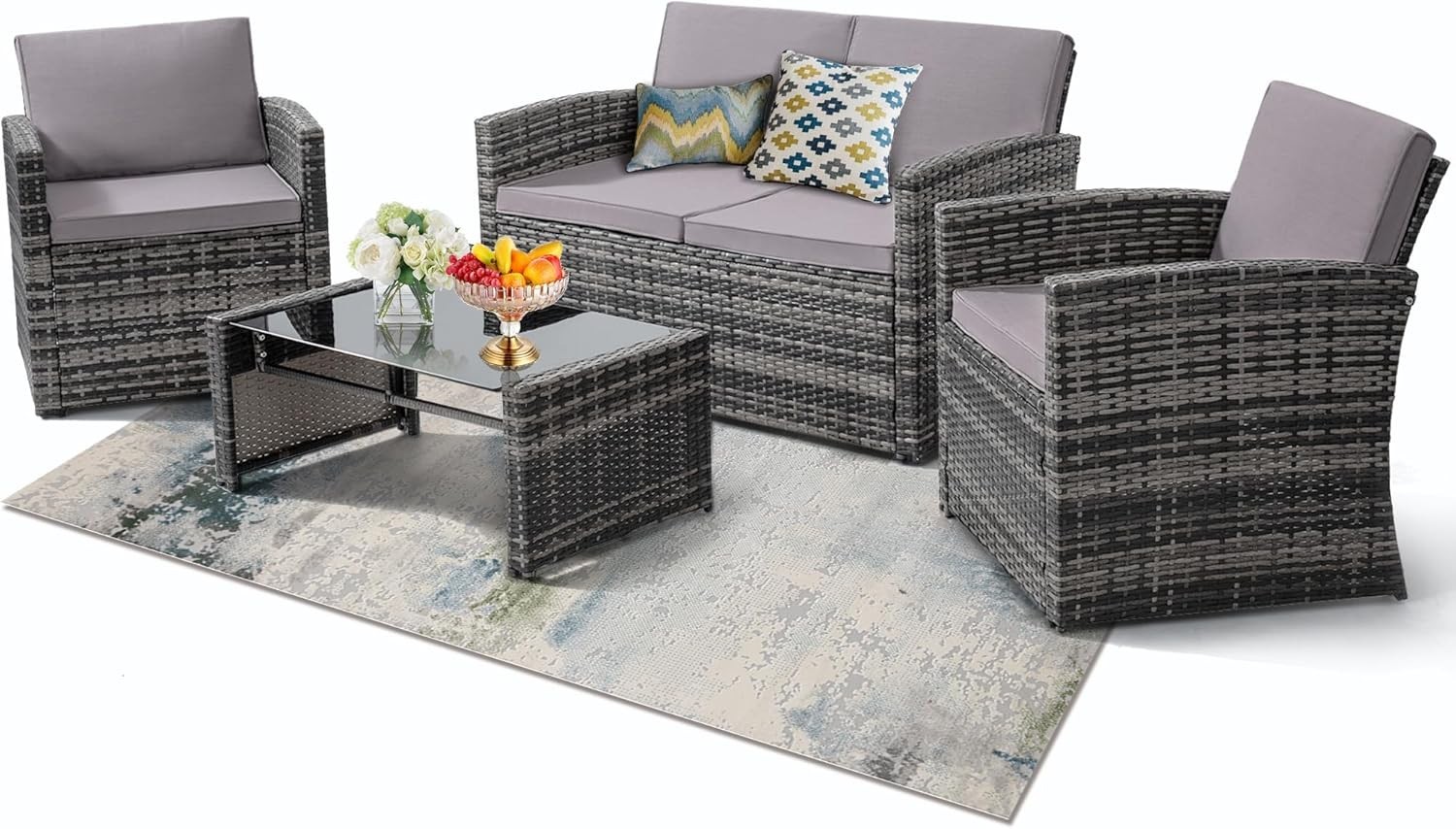 Elegant 4-Piece Light Grey Rattan Patio Conversation Set for Outdoor Living