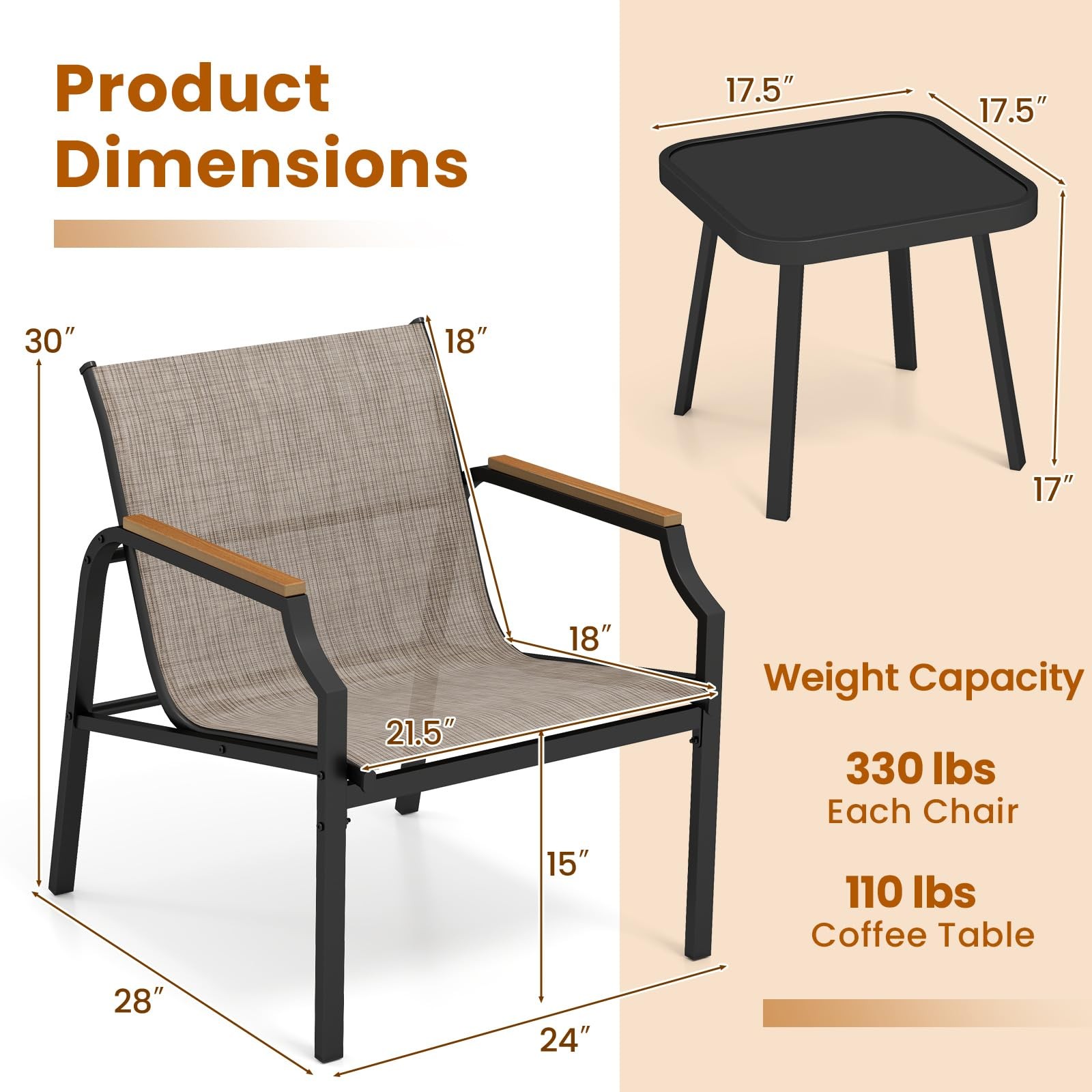 3 Piece Outdoor Bistro Set, Table & Metal Frame Chairs Set of 2 with Breathab…