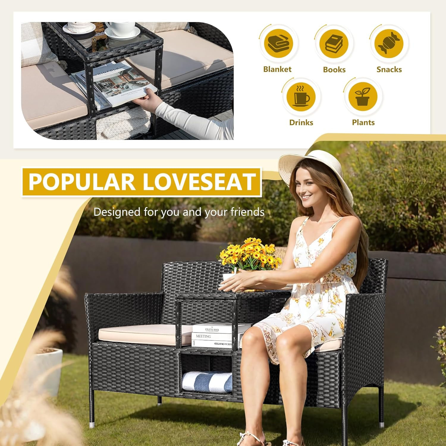 Modern Rattan 2-Seat Patio Loveseat Set with Cushions & Coffee Table – Beige