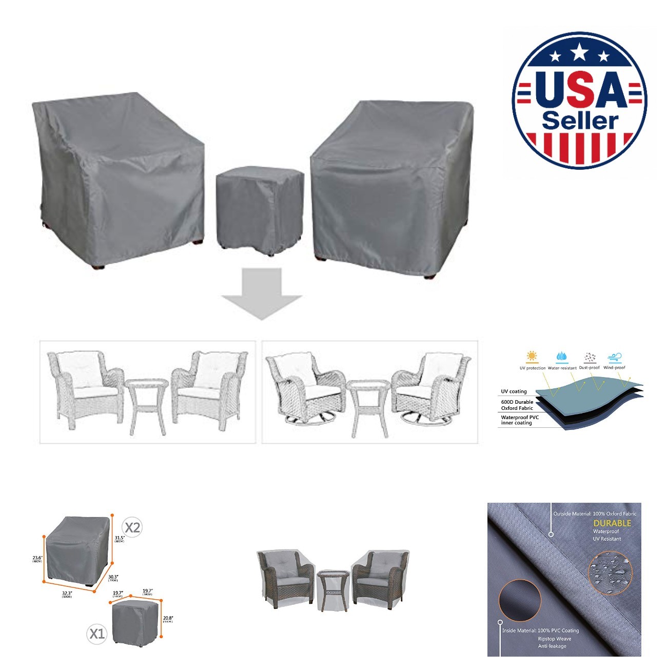 Patio Furniture Covers Waterproof 3 Piece Bistro Set 2 Chairs Coffee Table Grey