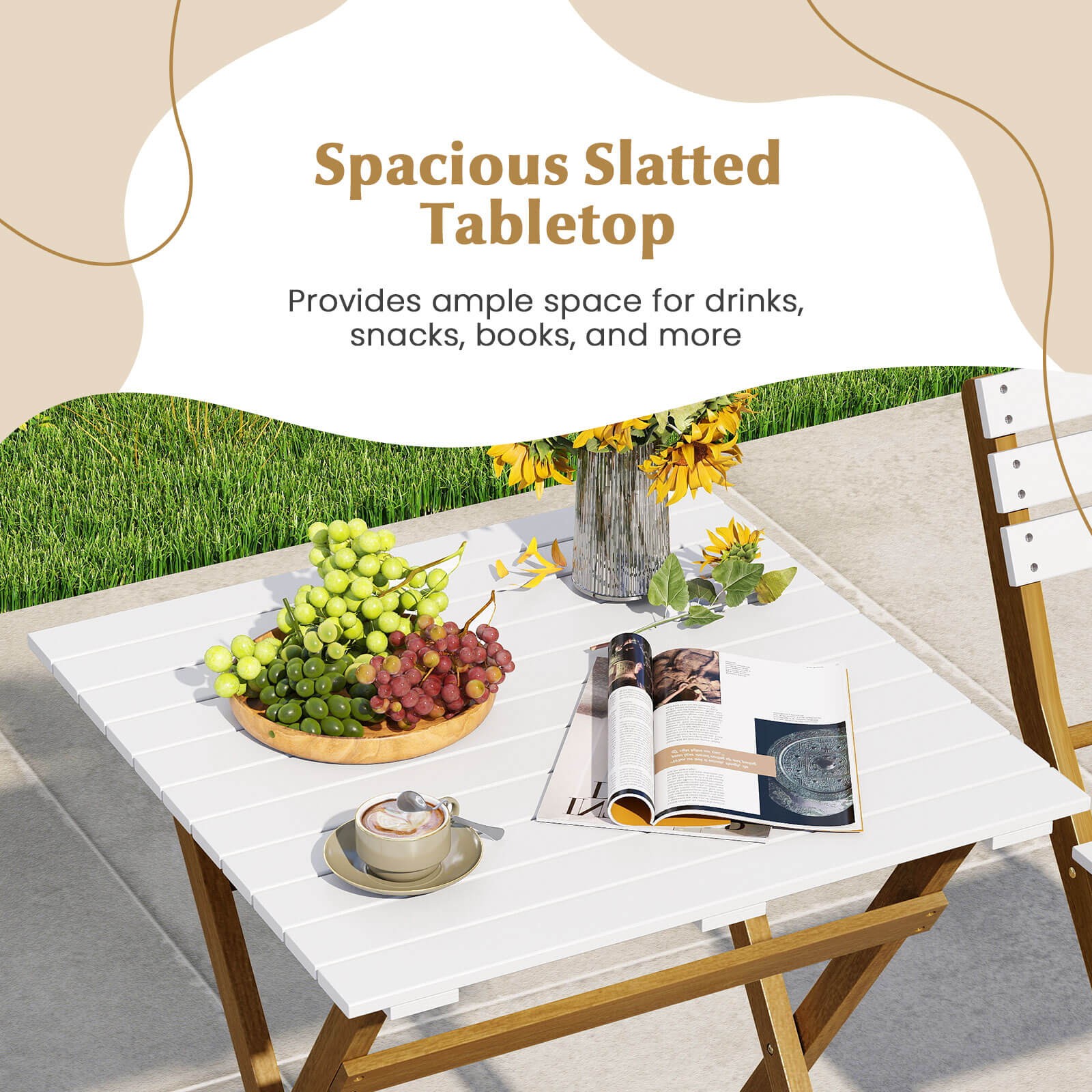 3PCS Folding Patio Bistro Set w/Slatted Design Small Outdoor Furniture Set