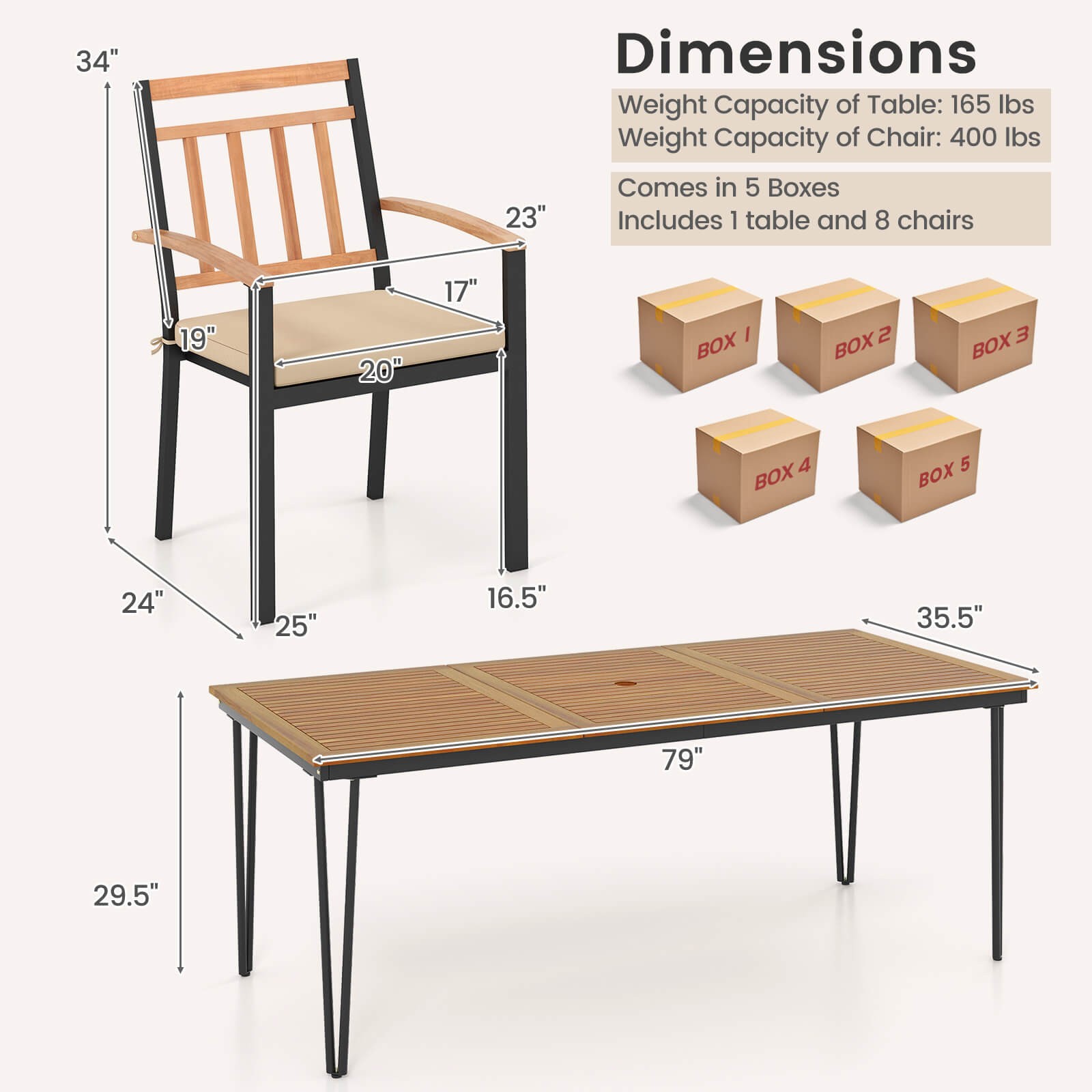 Patio 9 PCS Dining Set w/Rectangular Acacia Wood Dining Table 8 Cushioned