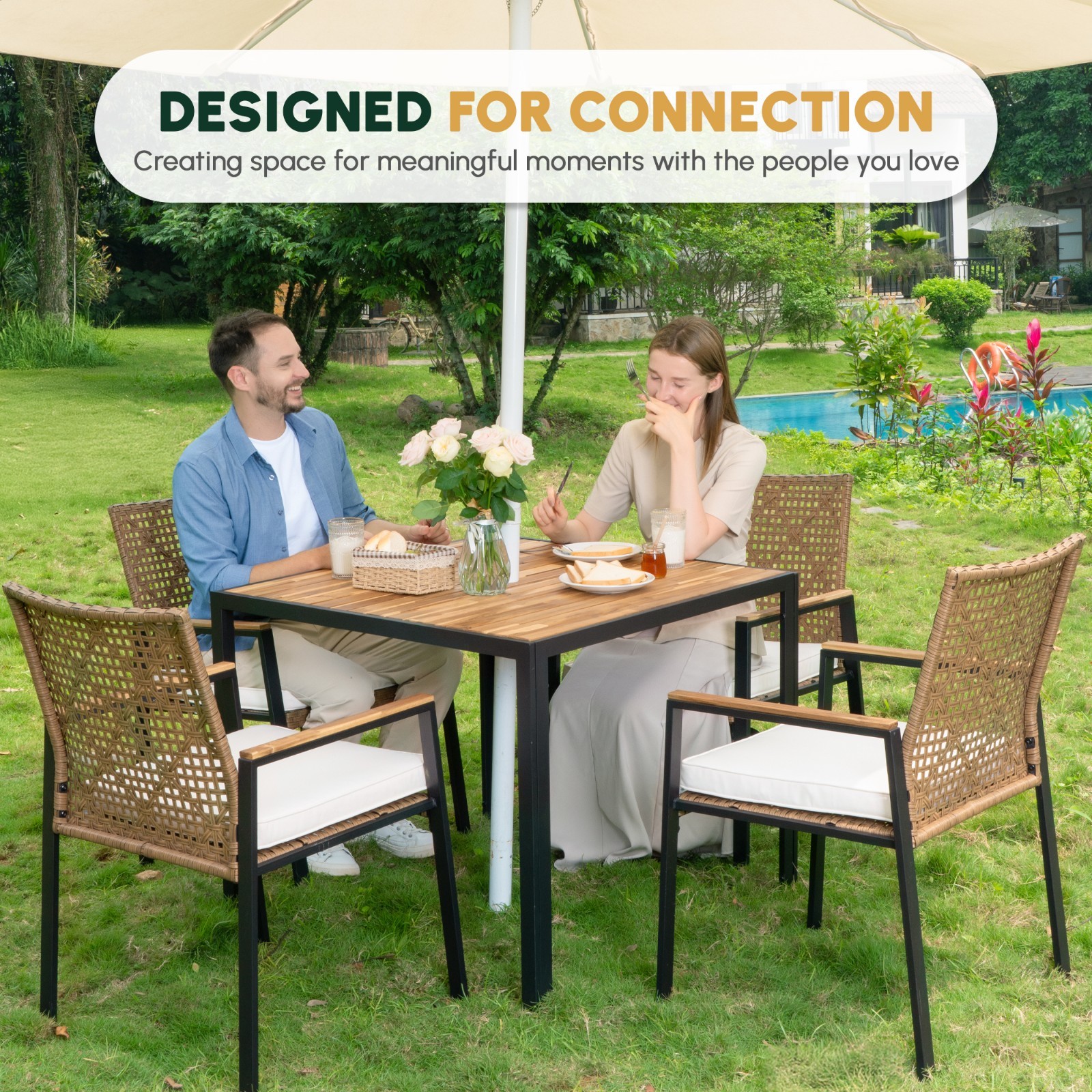 All Weather 5-Piece Patio Dining Table Sets, Patio Conversation Set Wood Table