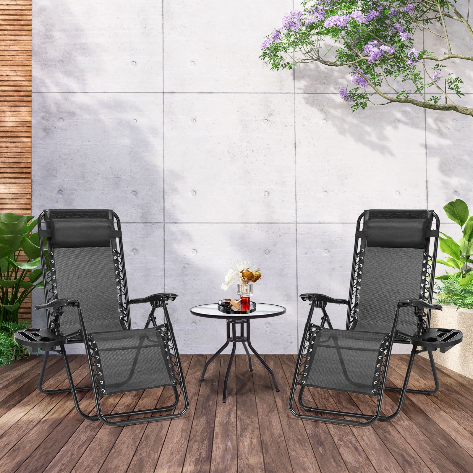 Portable Zero Gravity Lounge Chairs 2-Set Adjustable Pillow & Cup Holder Trays