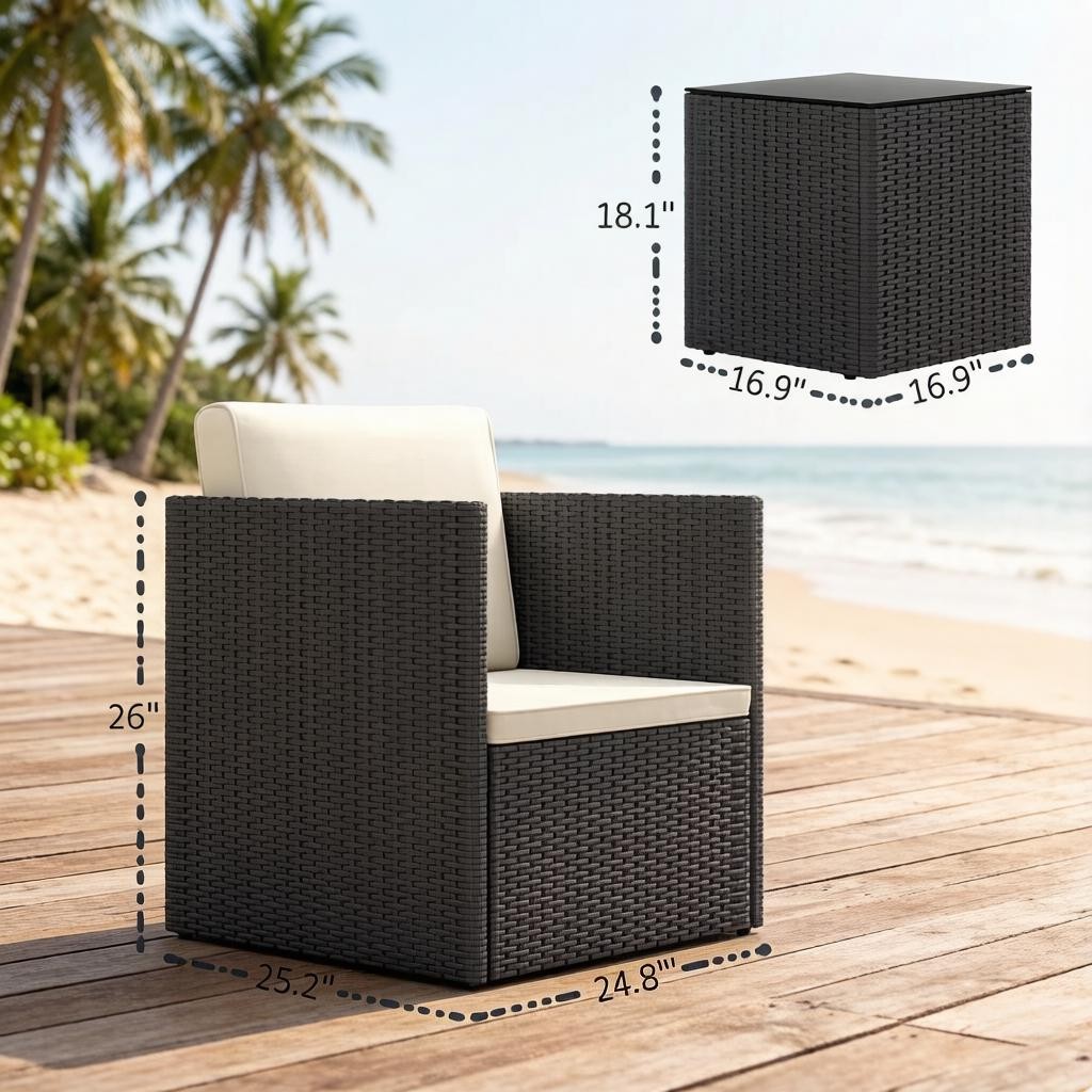 3-Piece Folding Bistro Set, PE Rattan & Steel Frame, Black & White