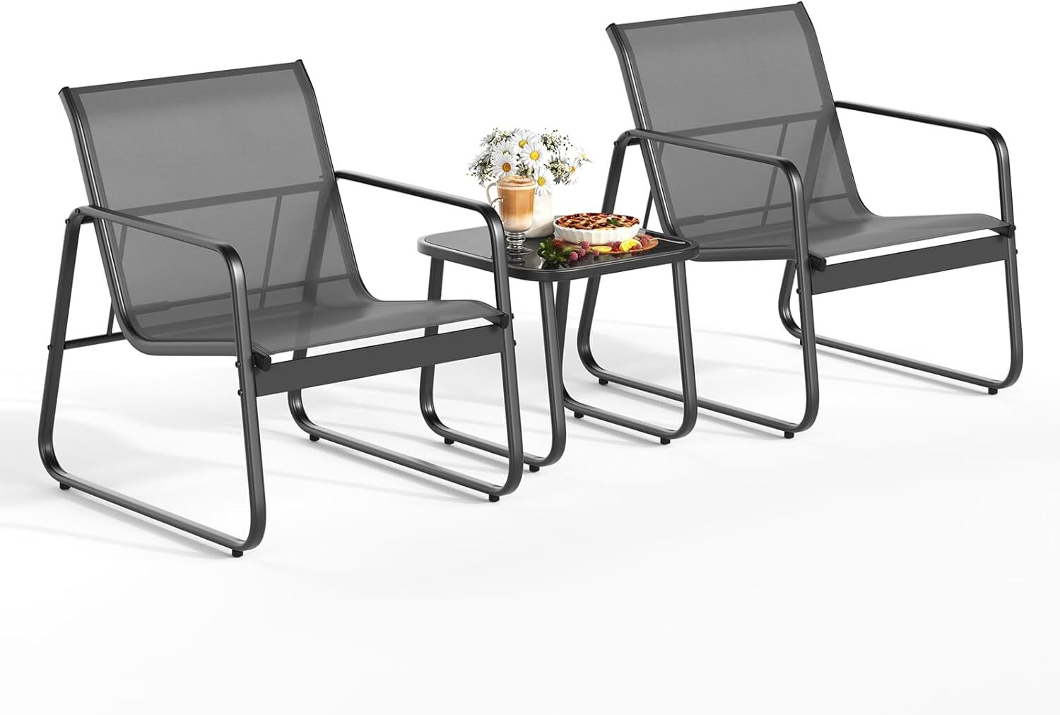 “Gizoon 2-Piece Patio Set with Chairs & Glass Table, Metal Frame, Black”