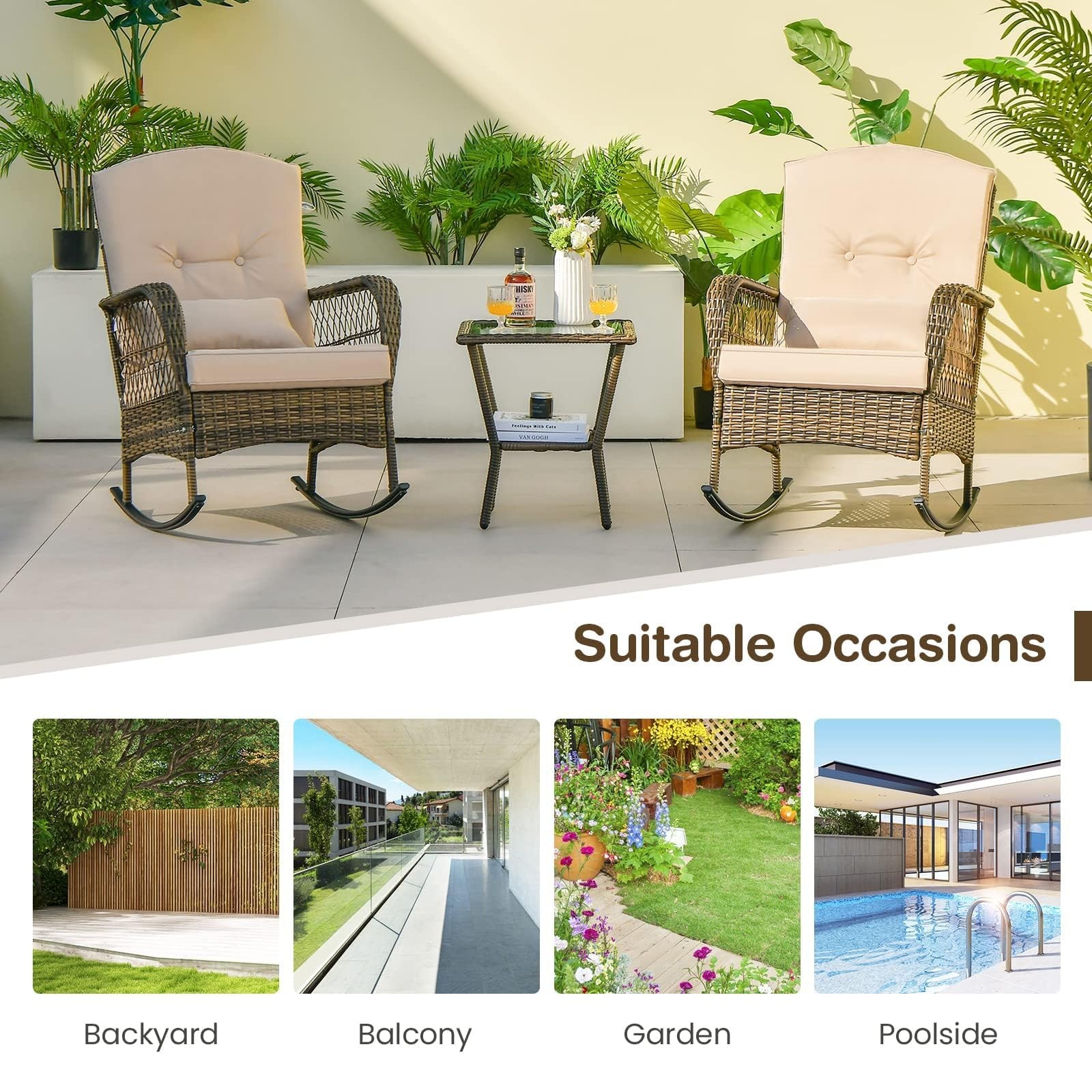 Outdoor Wicker Rocker Set 3 Piece, Patio Furniture w/ Table & High Back Cushions