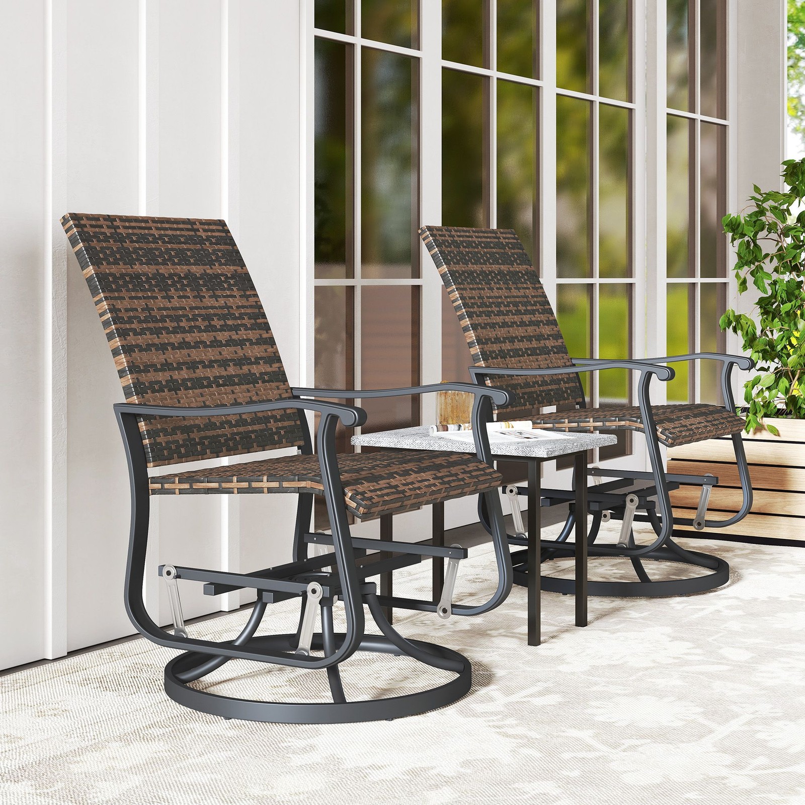 PE Wicker Glider Set of 2, Powder-Coated Steel, High Back, Brown, Outdoor