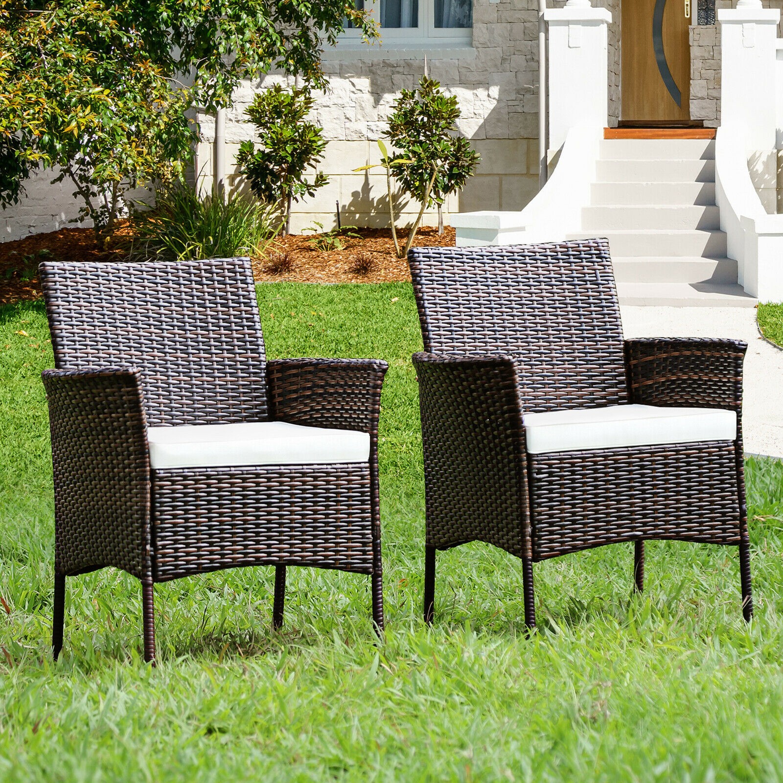 Patio 2PCS Rattan Arm Dining Chair Cushioned Sofa Furniture Brown
