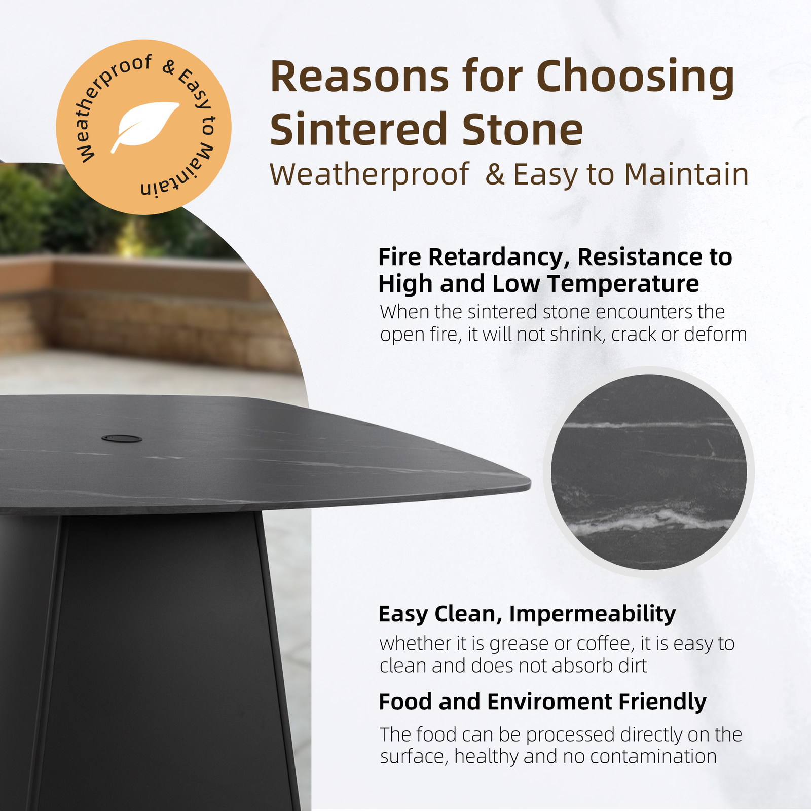 5 Piece Patio Dining Set 44″ Round Square Sintered Stone Table 4 Swivel Chairs