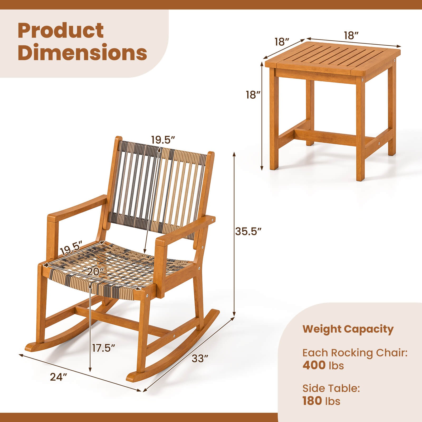 3 PCS Patio Rocking Set w/ Rattan Seat & Back Square Side Table for Porch