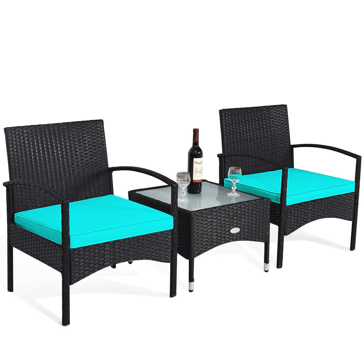 3 PCS Patio Wicker Rattan Furniture Set Coffee Table & 2 Rattan Chair W/Cushion
