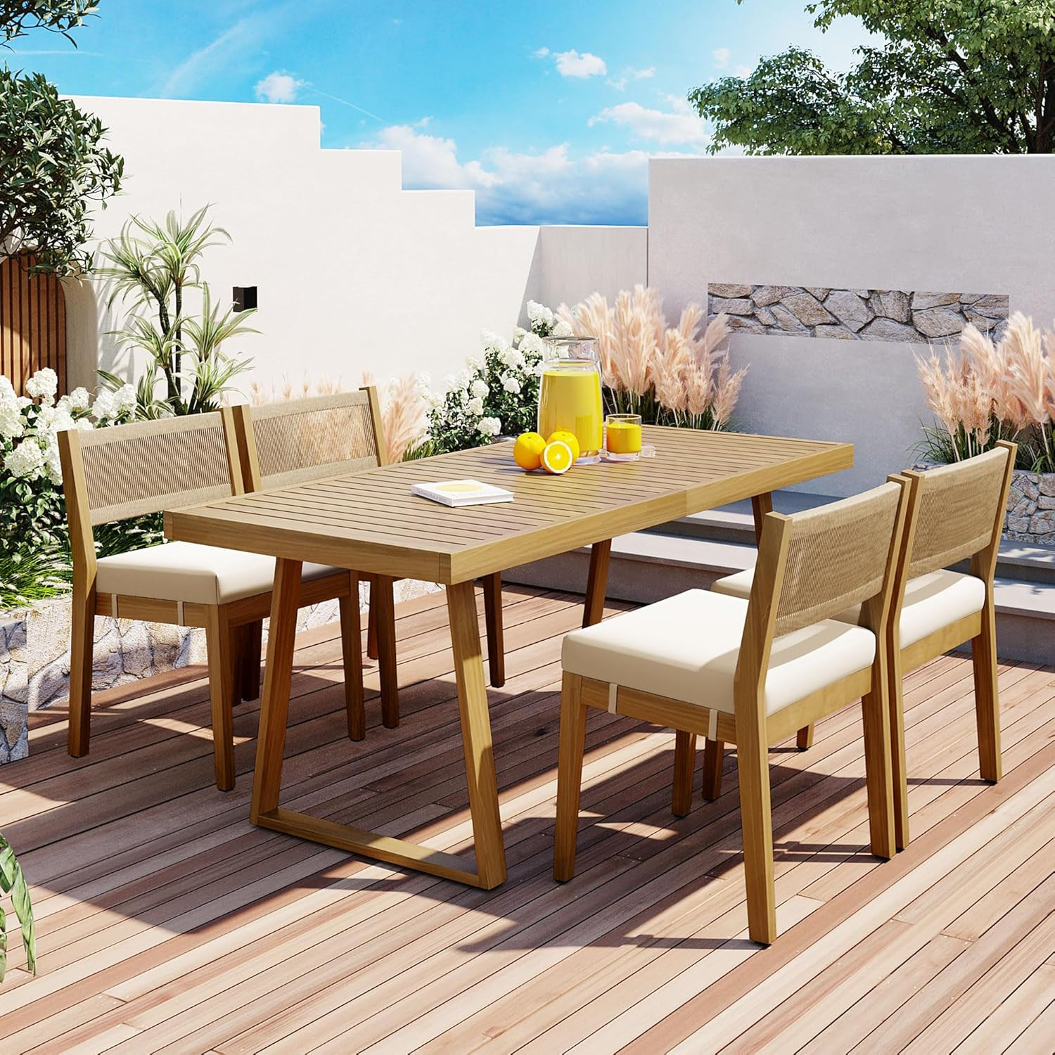 Stylish Wood Outdoor Dining Set for 4 with Cushioned Chairs and Jute Rope Back