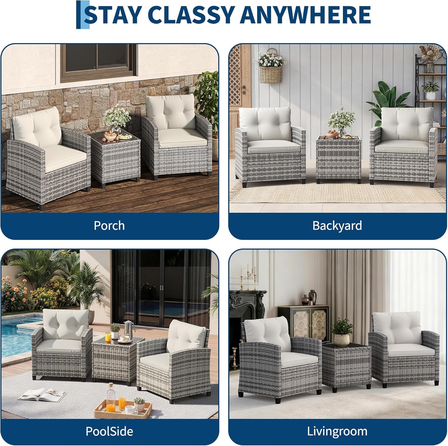 3 PCS Patio Furniture Set Outdoor Paded Rattan Wicker Sofa Chair w/ Coffee Table