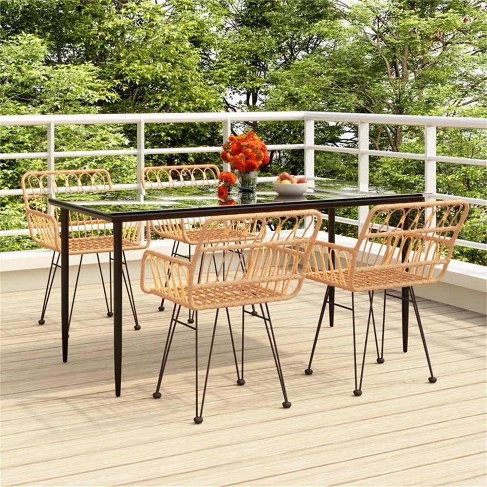 Bowery Hill Polyethylene Rattan & Tempered Glass Garden Dining Set in Black