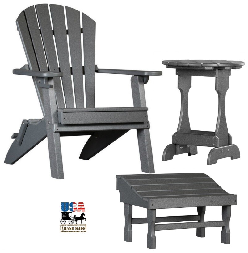 3pc 4 SEASON PATIO SET – Folding GRAY Adirondack Chair Ottoman & Candy Table USA