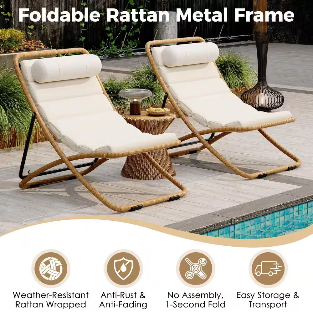 2-Piece Outdoor Folding Chairs, Rattan Patio Recliners with Adjustable Backrest,