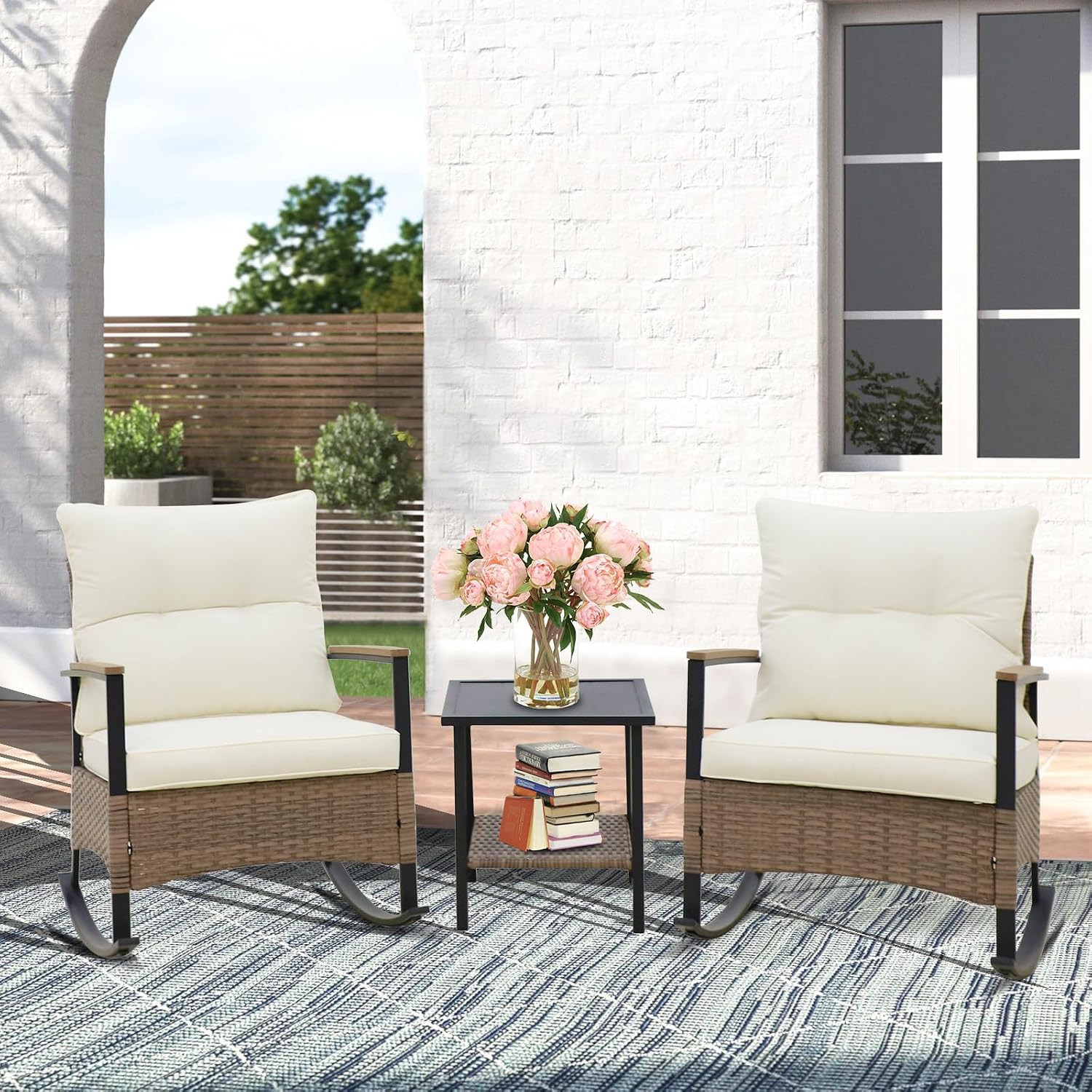 3 Pc Outdoor Conversation Set, Patio Wicker Furniture, 2 Rocking Chairs and Side
