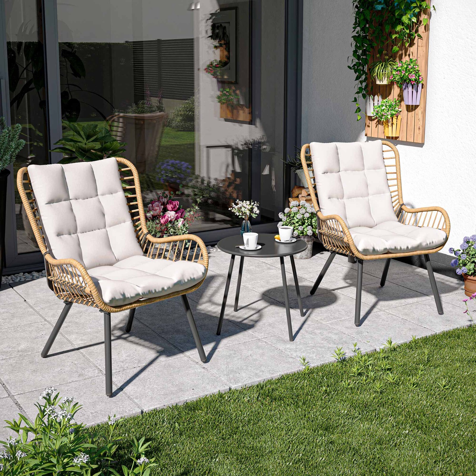 LAUSAINT HOME 3 Piece Wicker Conversation Sets with High-back, Beige Cushions
