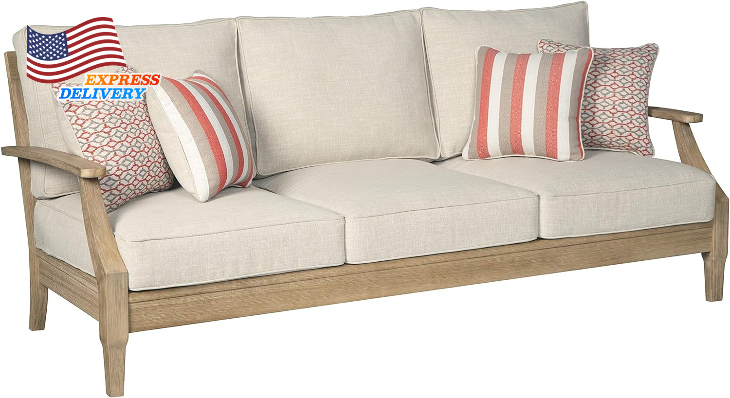 Ashley Clare View Coastal Outdoor Patio Eucalyptus Sofa with Cushions Beige NEW