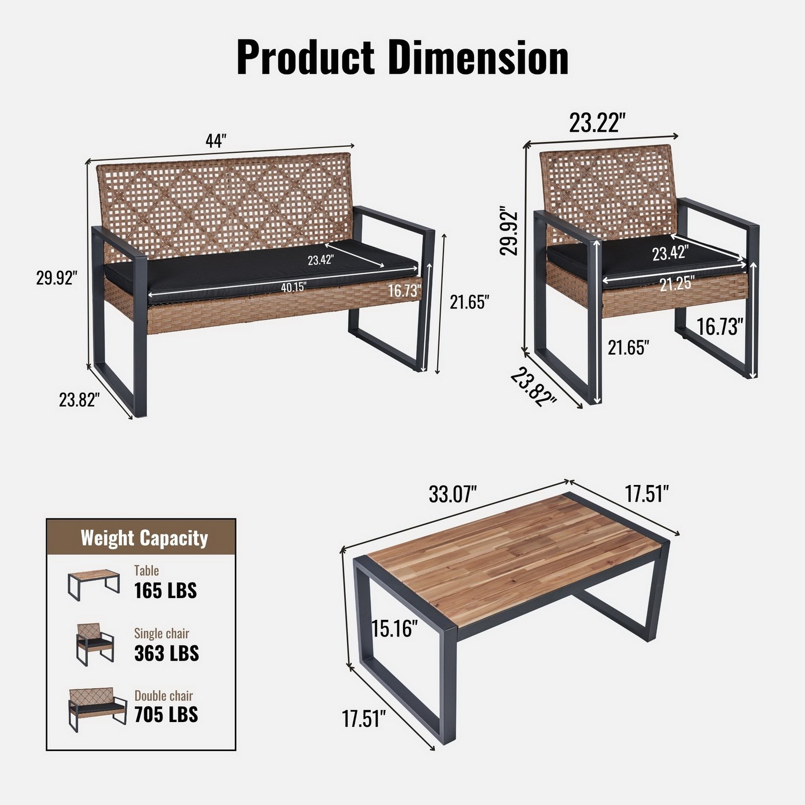 Rattan Loveseat & Chairs & Coffee Dining Table Patio Wicker Furniture Set for 4