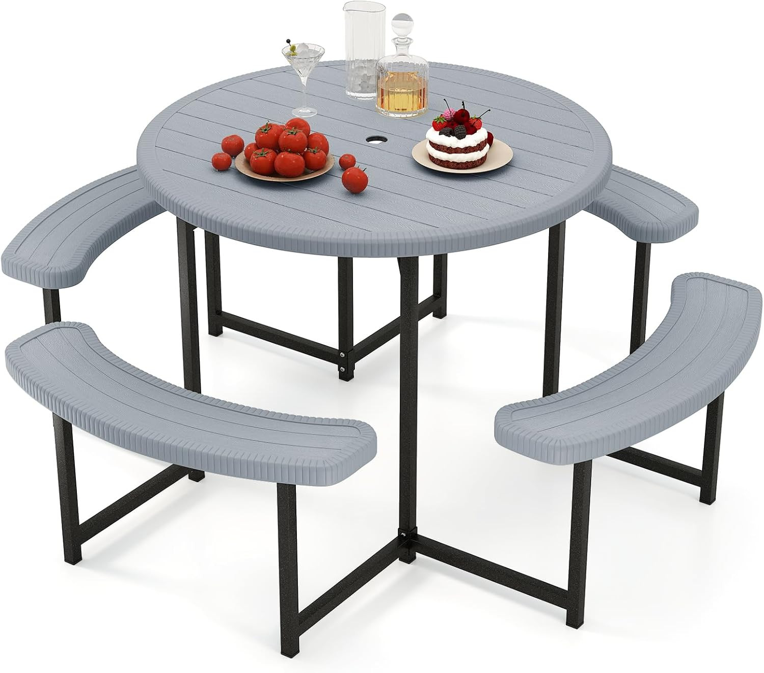 Round Picnic Table Set for 4-8, 37” Umbrella Hole, HDPE & Metal, Gray
