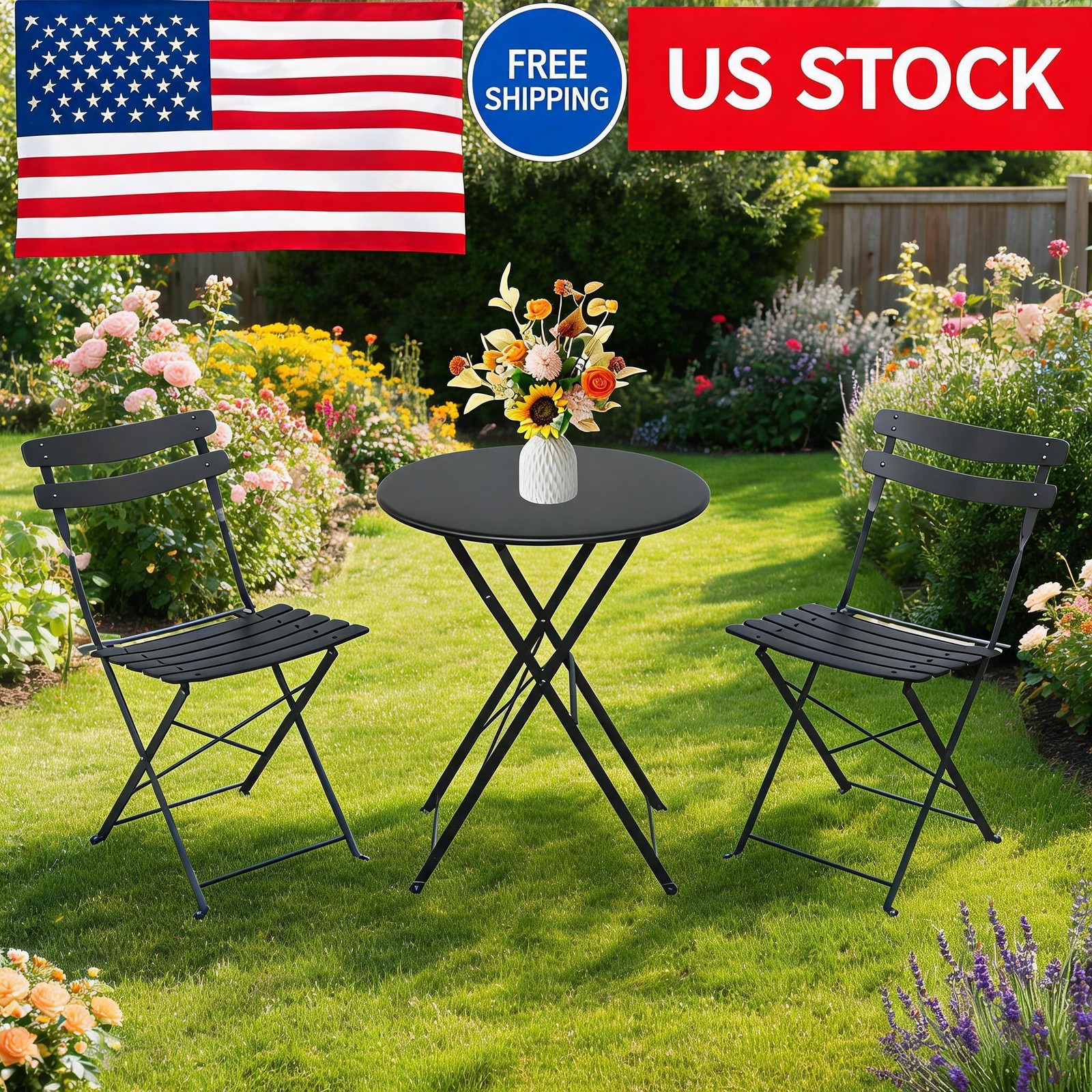 Space-Saving Collapsible Bistro Set,3-Piece Metal Frame Outdoor Table Patio