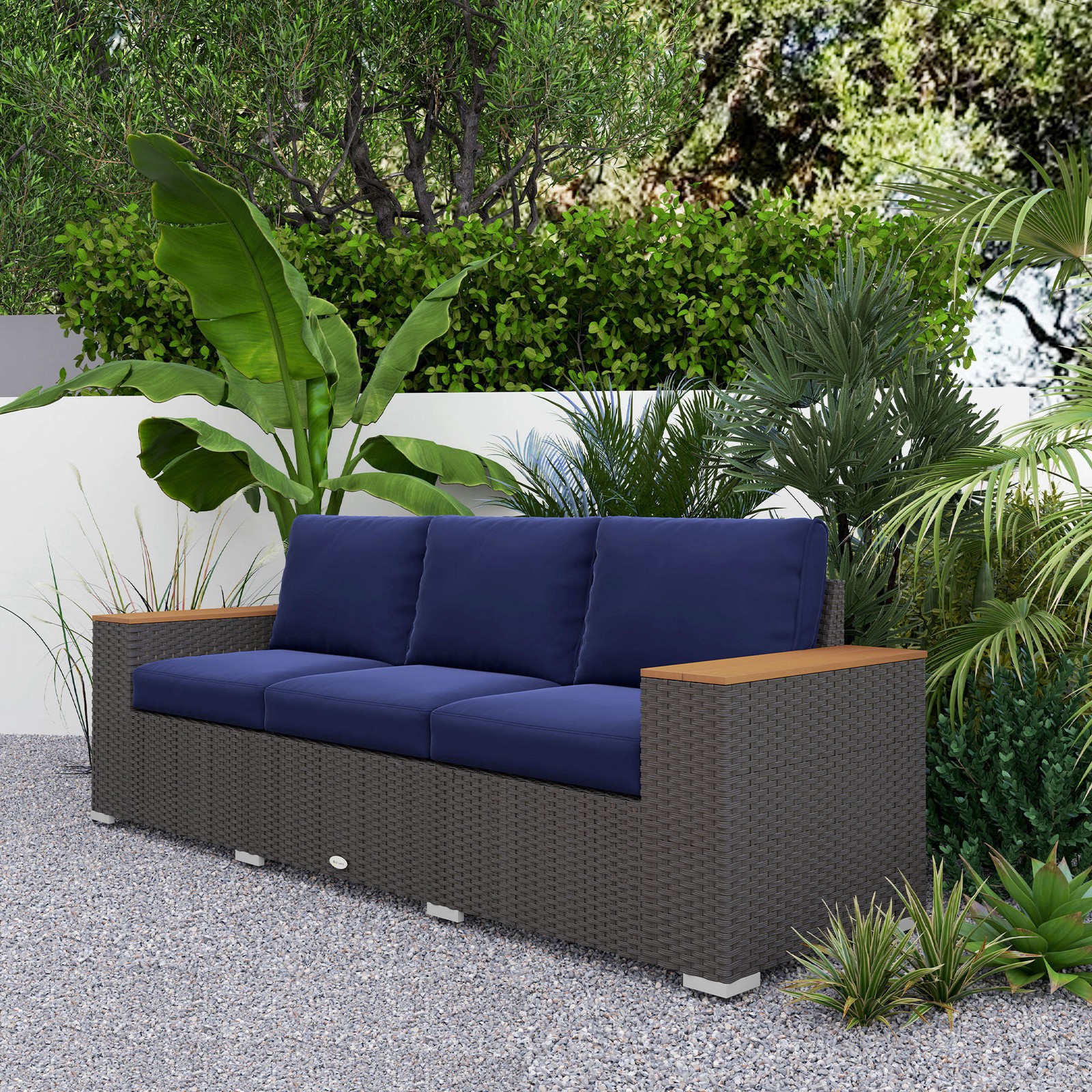 3-Seat Outdoor Patio Sofa with Cushions, PE Rattan Wicker Sofa, Navy Blue