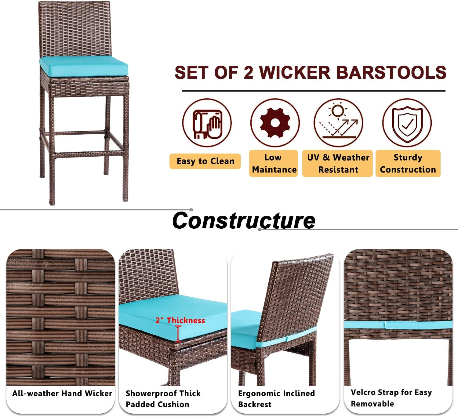 Outdoor Patio Stools & Bar Chairs Set of 2 Wicker Woven Outdoor Bar Stools Bar H