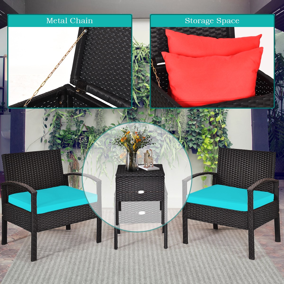 Patiojoy 3PCS Patio Rattan Furniture Set Table Cushioned Sofa Turquoise