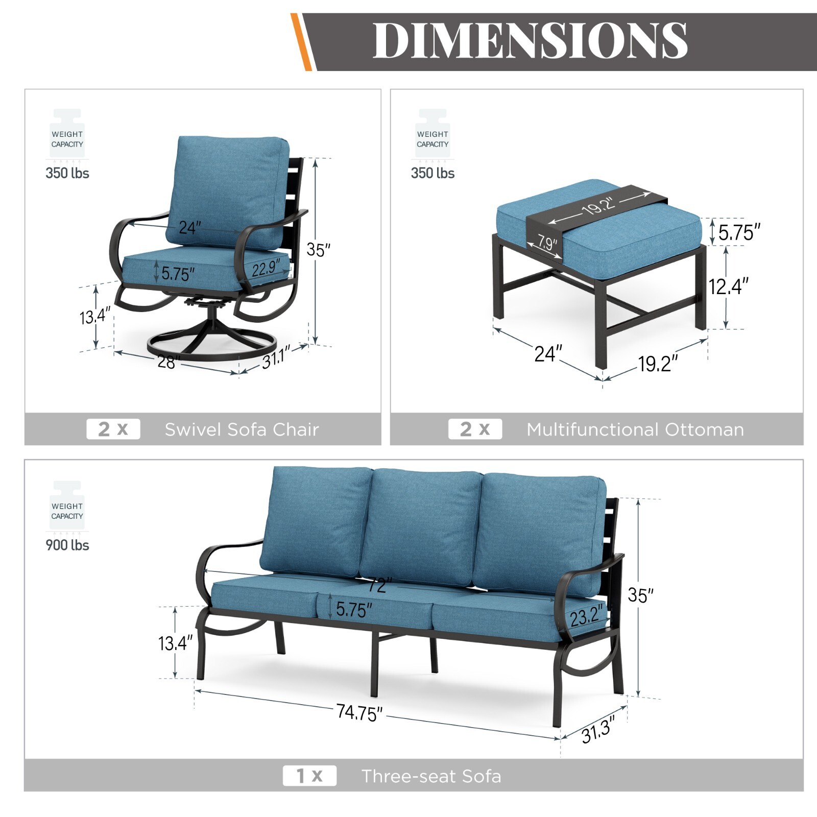 Patio Conversation Sofa Sets Outdoor Furniture Set with Swivel Chairs Ottoman
