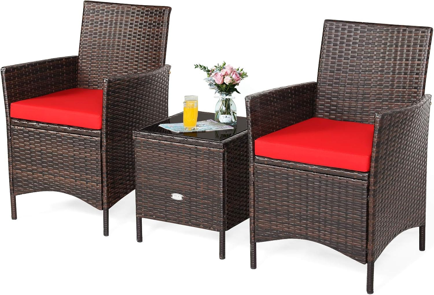 3 Pieces Patio Rattan Furniture Set, Outdoor Wicker Cushioned Sofa with Tempered