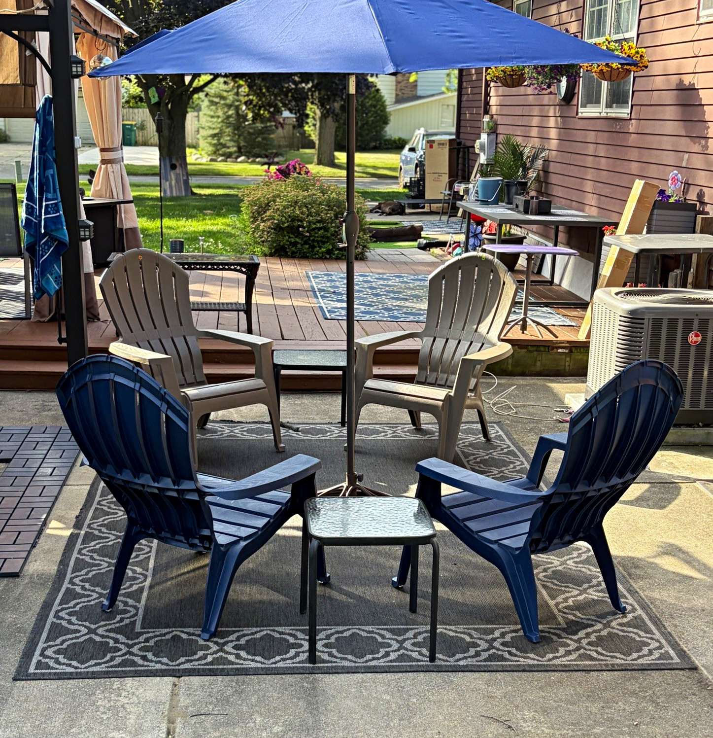 Outdoor Patio Lounge Set 4 Chairs, Square Table, Blue Umbrella, Plastic