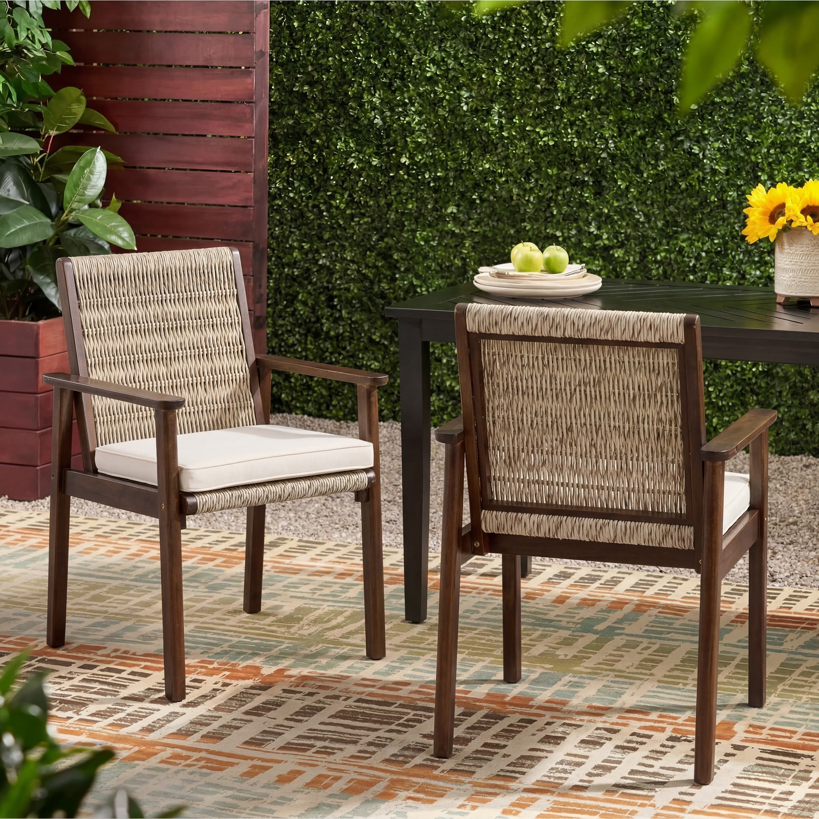 Acacia Wood Wicker Rattan Patio Dining Chair with Cushion (Set of 2)