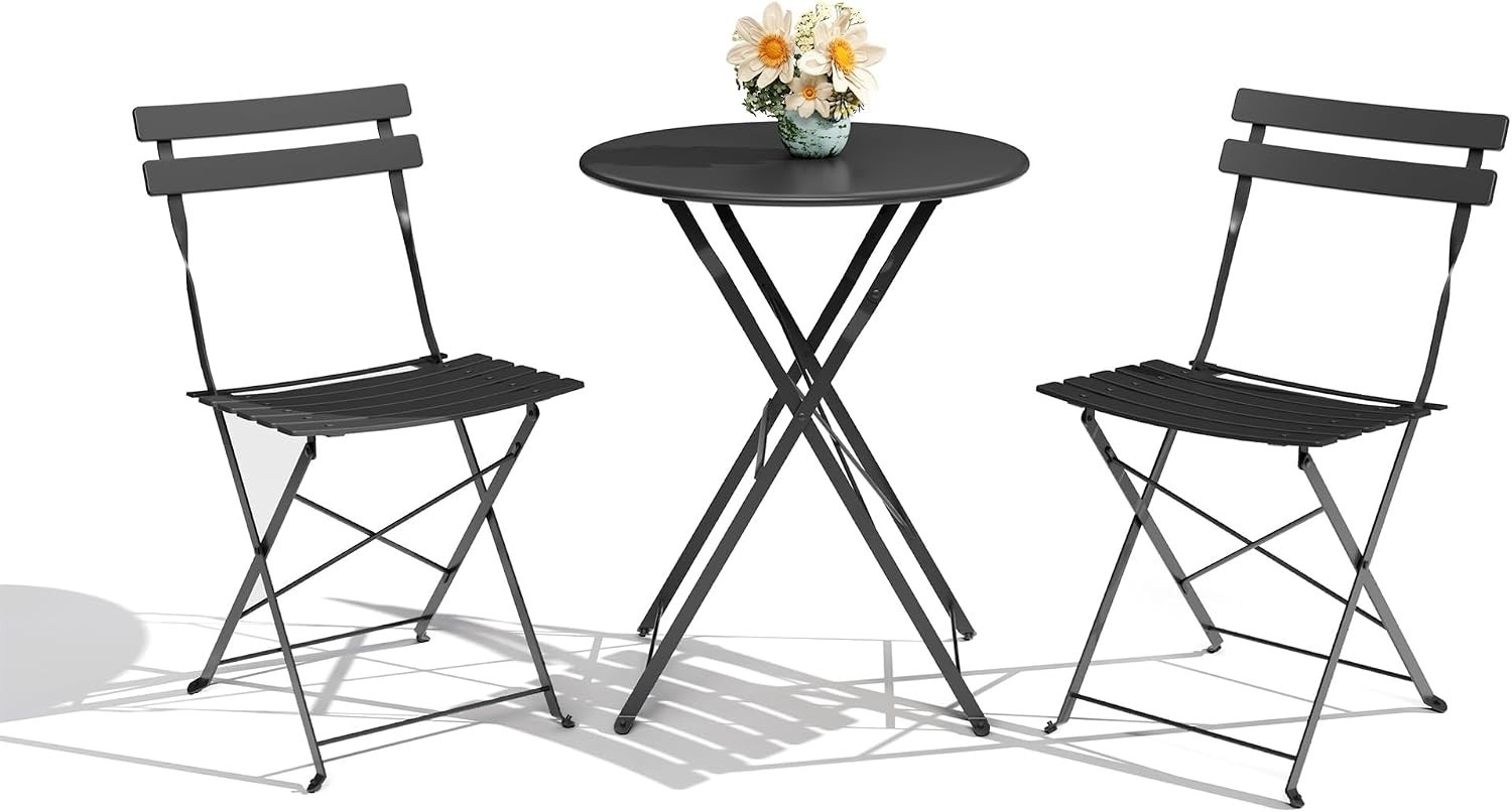 Outdoor Furniture Set 3-Pcs Folding Balcony Garden Steel Frame Bistro Set, Black