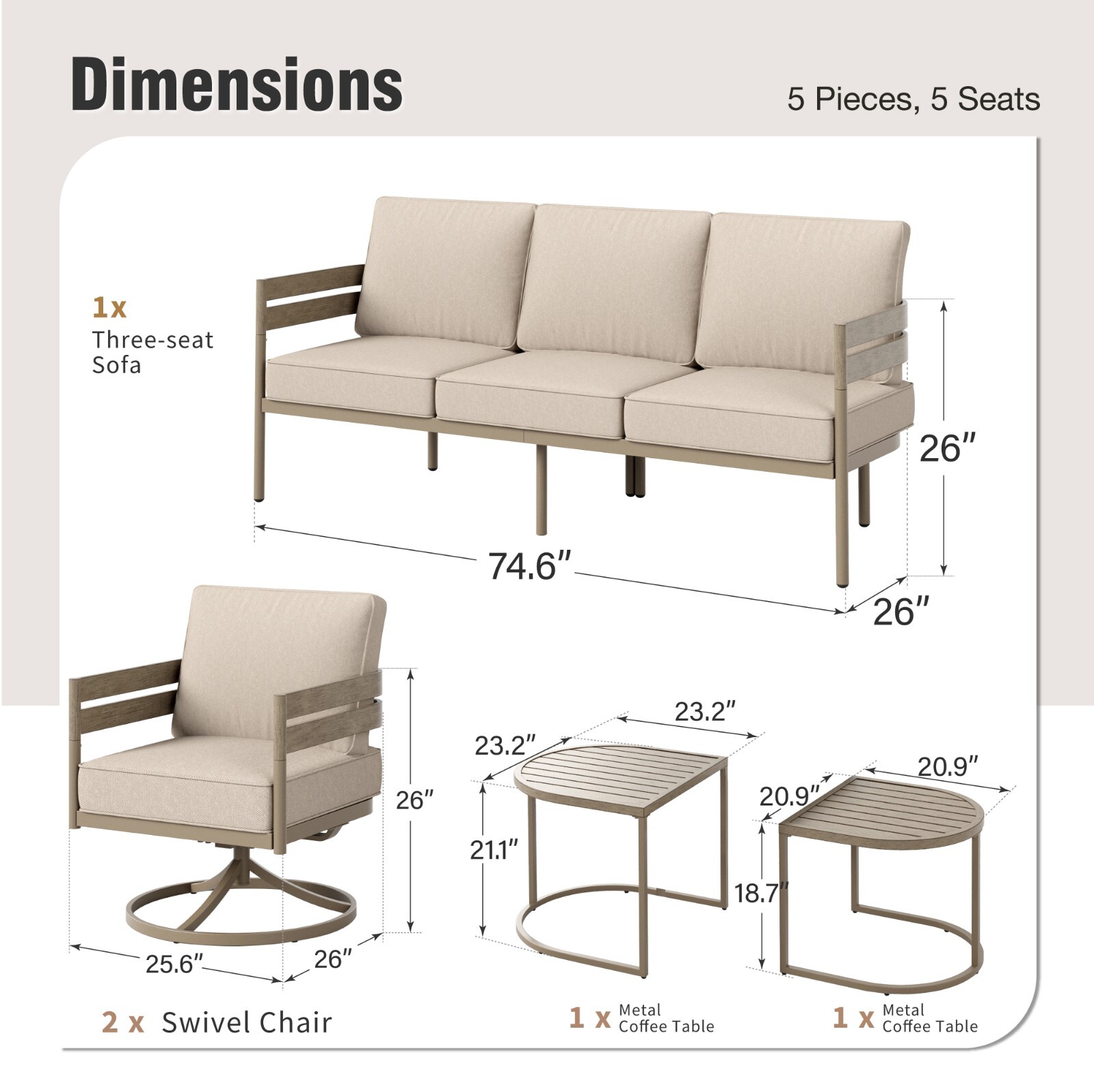 5 Pieces Patio Furniture Set Metal Frame Modern Outdoor Conversation Set Swivel