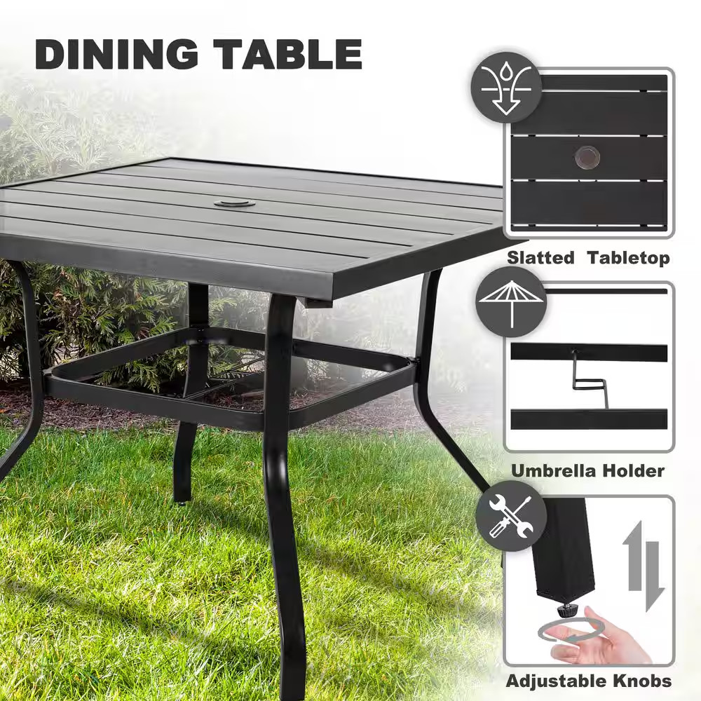 5-Piece Steel Sling Outdoor Patio Dining Set Square Table Swivel Dining Chairs