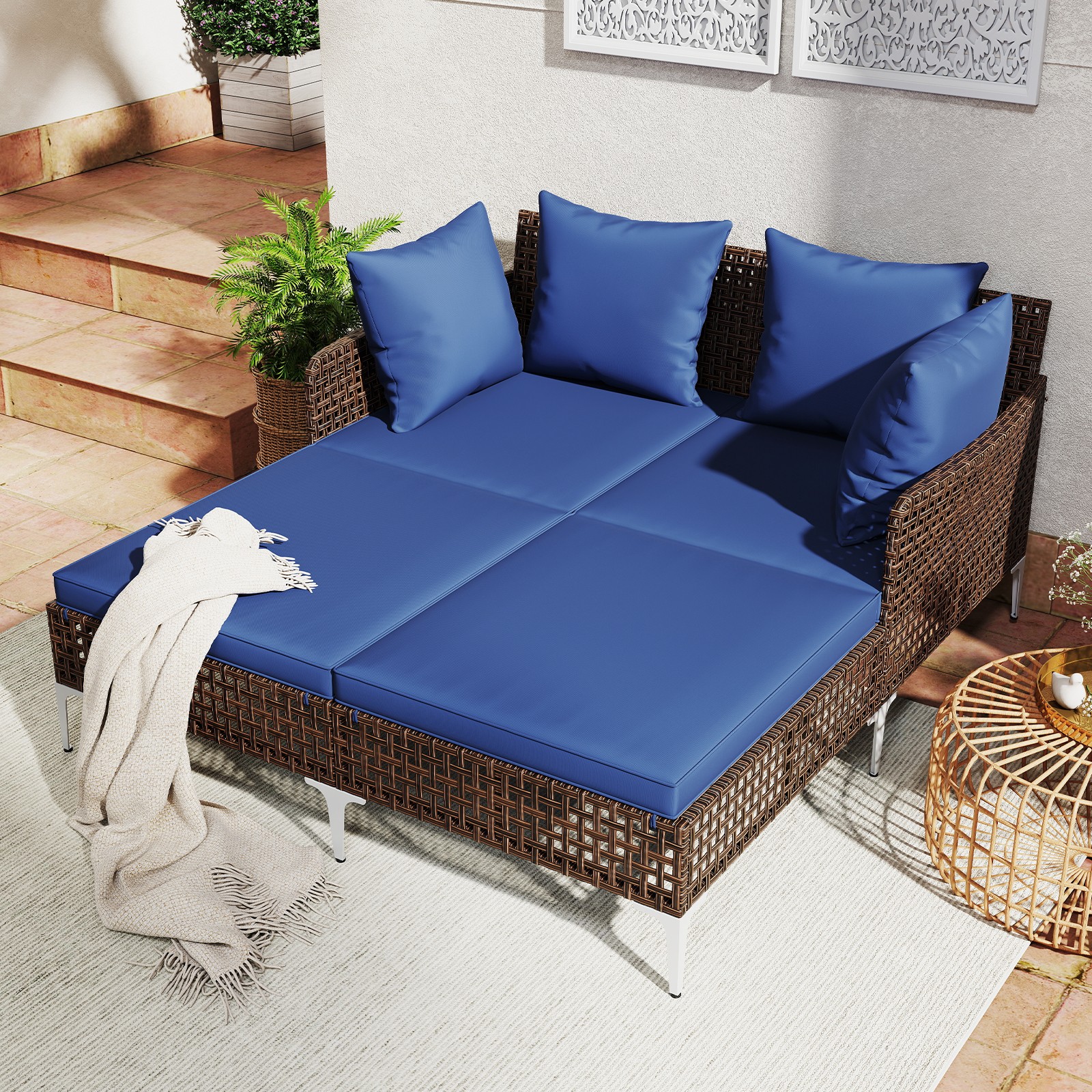 Outdoor Rattan Double Daybed Wicker Chaise Lounge Navy Patio Garden Sofa Bed