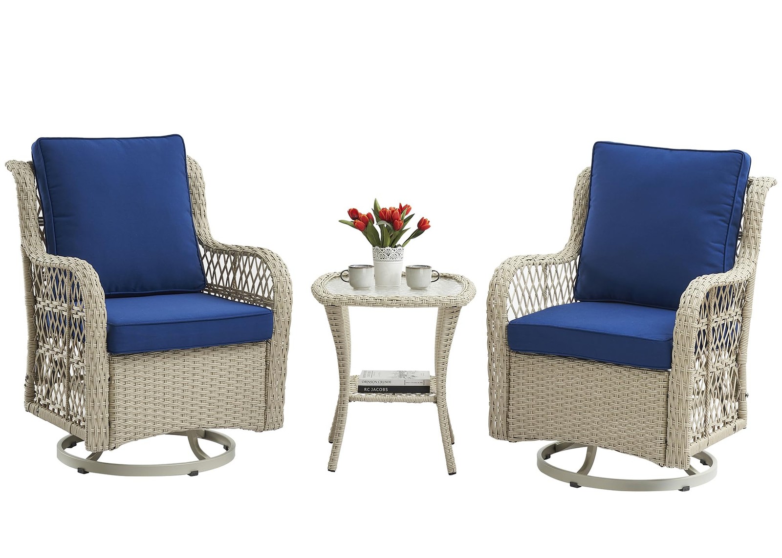 2 Swivel Chairs Tempered Glass Table 3 Piece Outdoor Wicker Bistro Set Grey