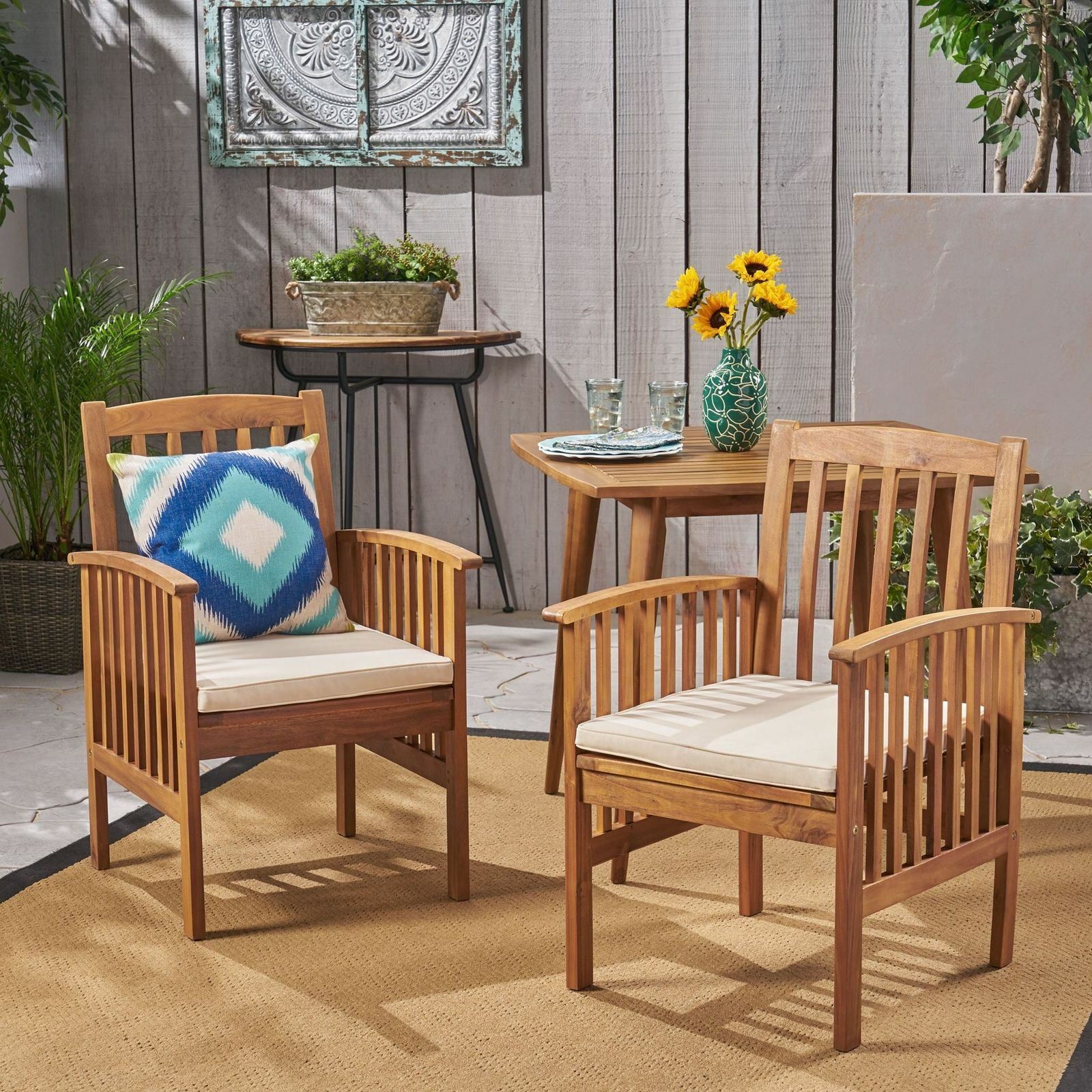 Phoenix Acacia Patio Dining Chairs, Acacia Wood with Outdoor Cushions, (Set of 2
