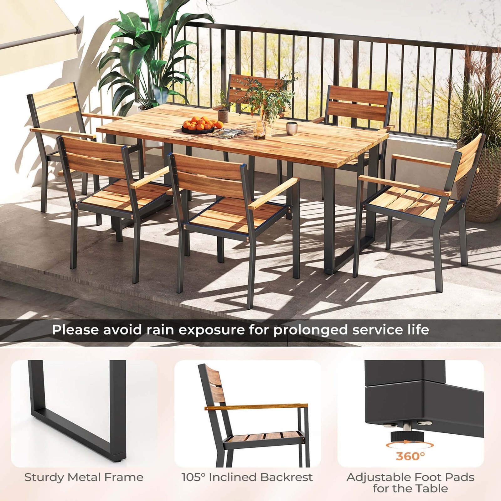 Costway 7 PCS Acacia Wood Patio Dining Set 6 Armchairs and 63″ Table – See