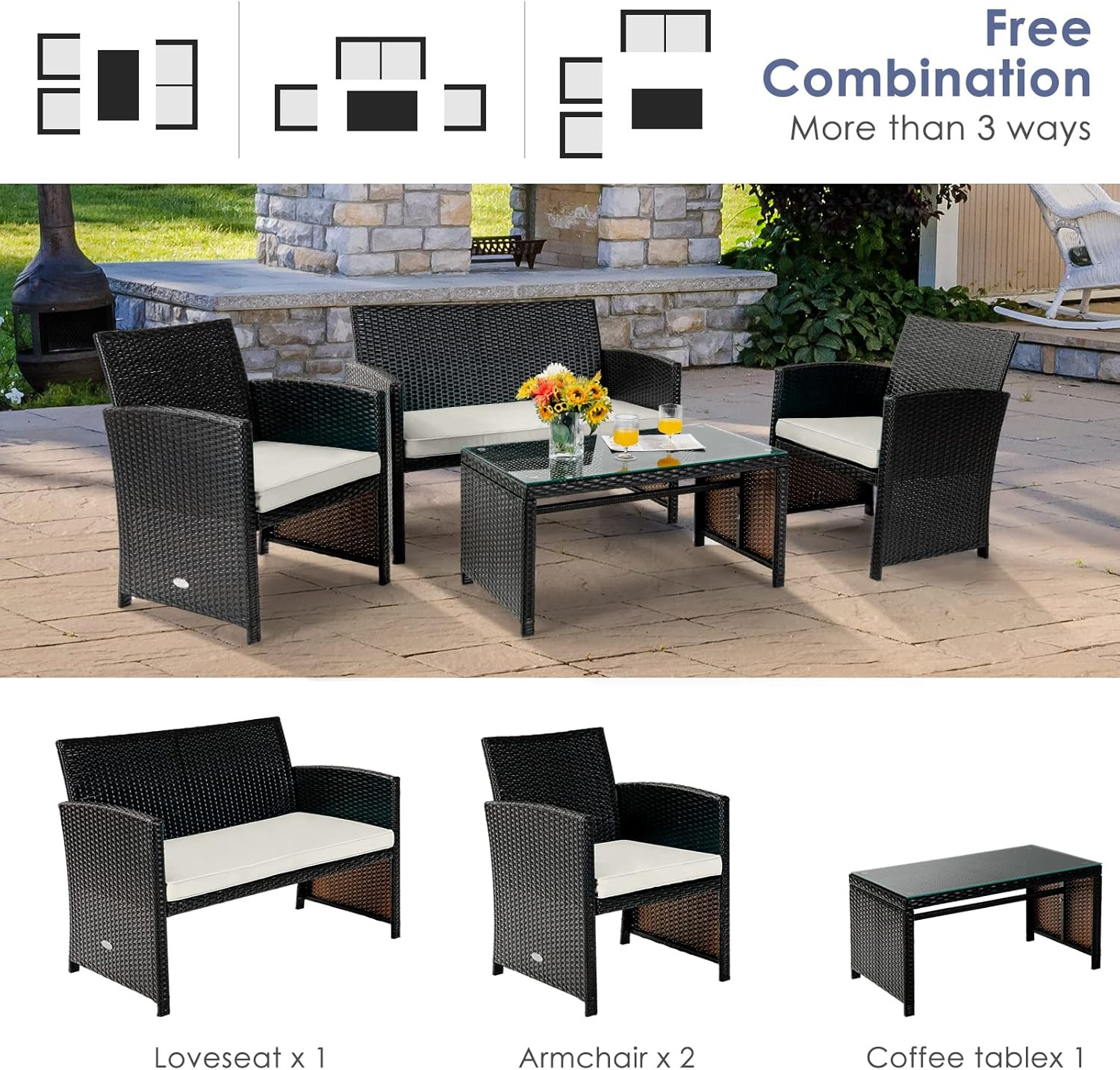 Stylish 4-Piece Outdoor Rattan Sofa Set with Cushions and Coffee Table