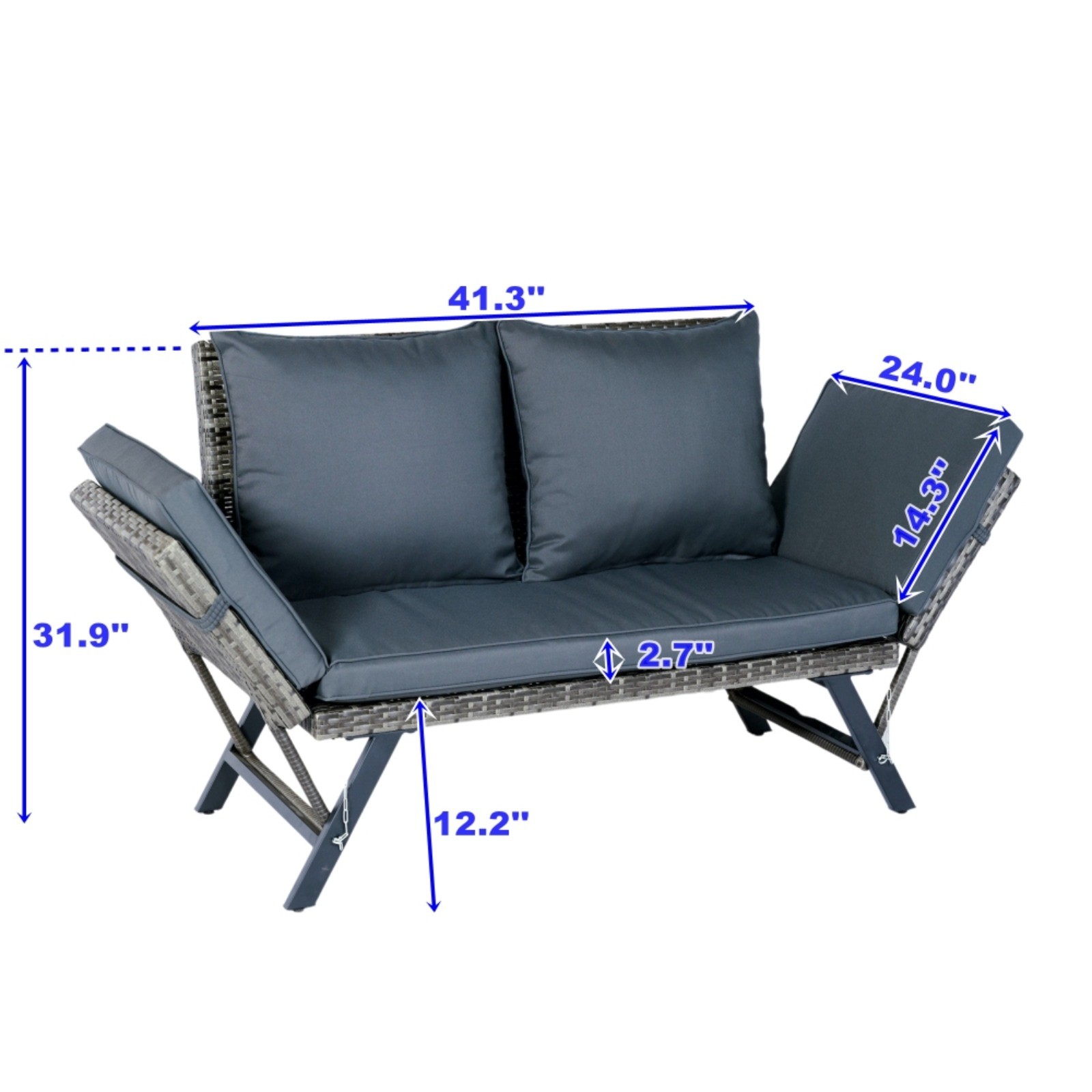 1 PCS Patio Wicker Foldable Side Bench Grey with Dark Grey Cushion