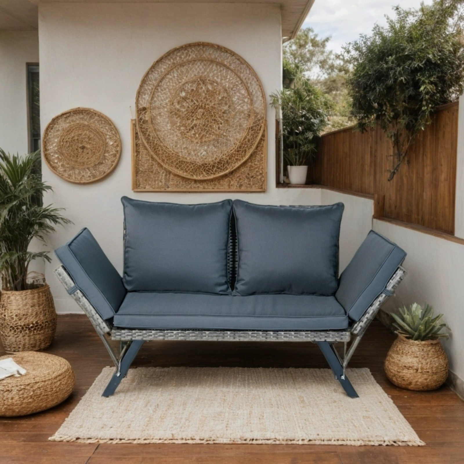 1 PCS Patio Wicker Foldable Side Bench Grey with Dark Grey Cushion