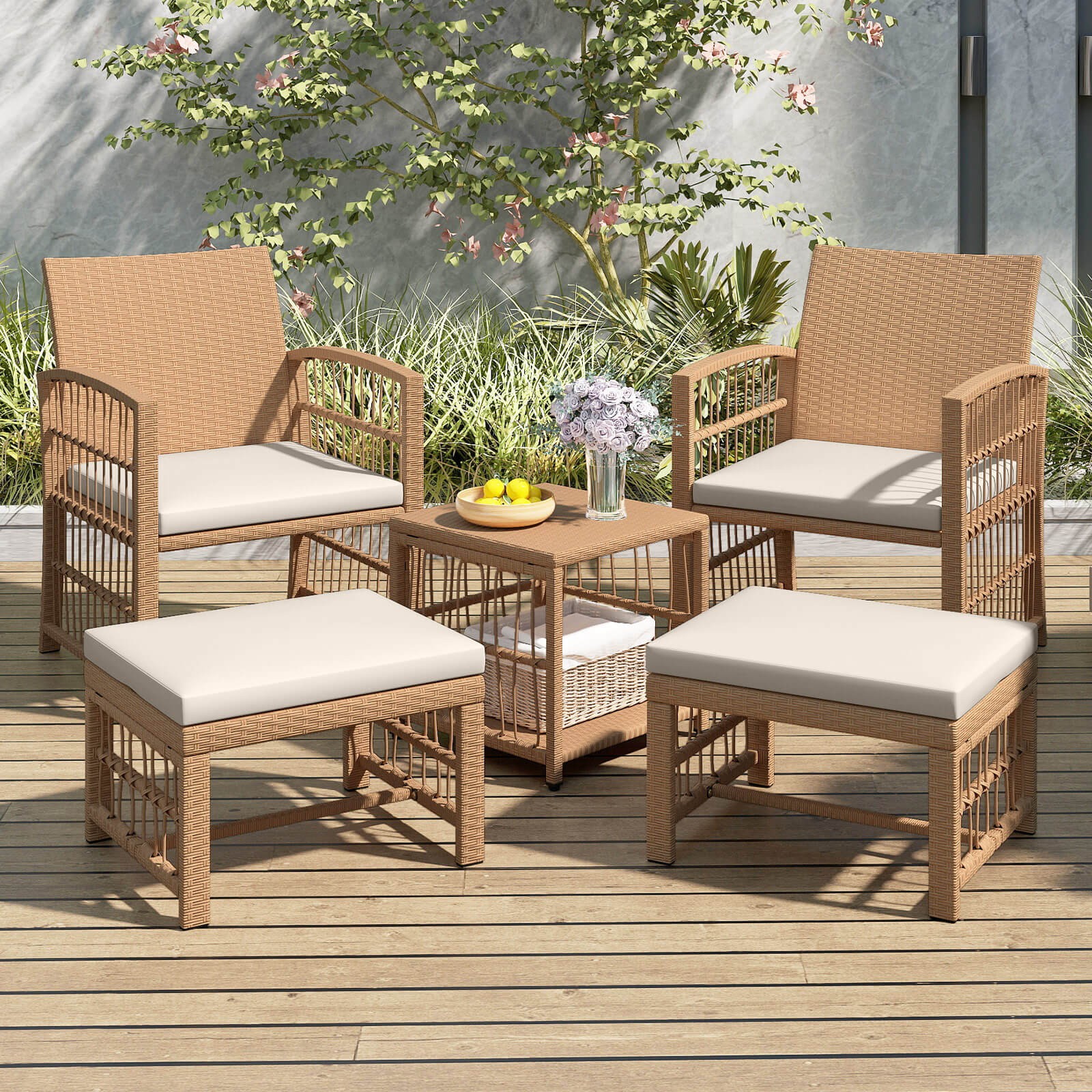 5PCS Patio Conversation Set PE Rattan Balcony Furniture Set with Cushions