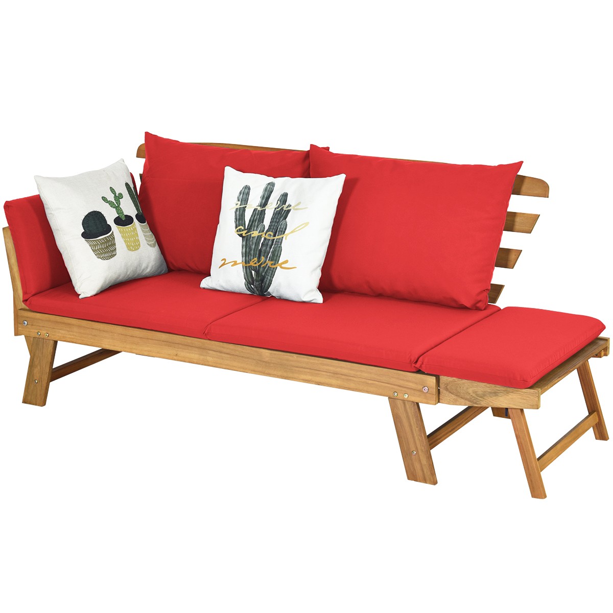 Patio Convertible Sofa Daybed Solid Wood Adjustable Furniture Thick Cushion Red