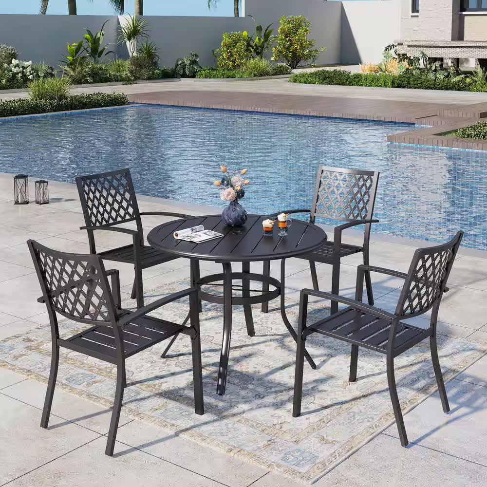 5-Piece Metal Outdoor Patio Dining Set with Slat round Table and Elegant Stackab